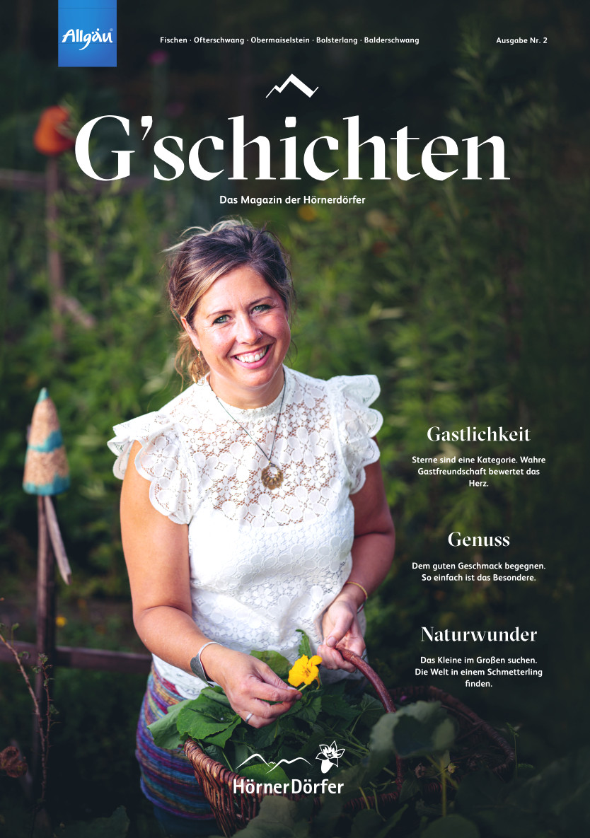 Titelbild des neues Image-Magazins "G'schichten: Genuss" der Hörnerdörfer im Allgäu