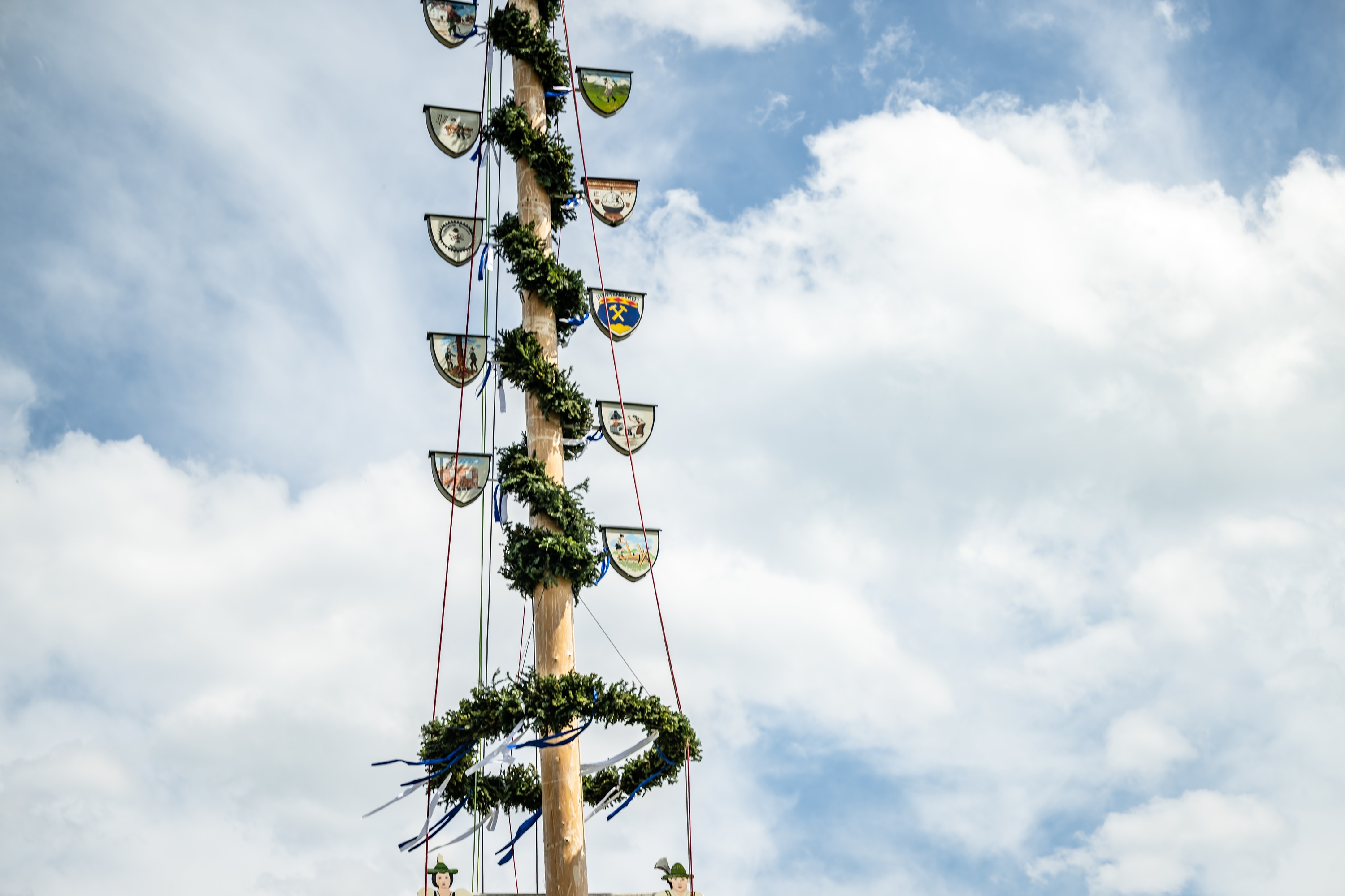 Maibaum in Ofterschwang im Allgäu Allgäuer Maibaum mit Zunft-Schildern und Kranz