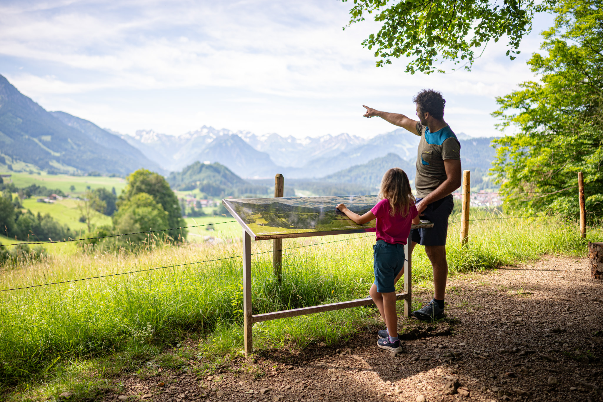 Mann und Kind stehen an der Panoramatafel am Malerwinkel bei Fischen, im Hintergrund die Gipfel der Oberstdorfer Berge