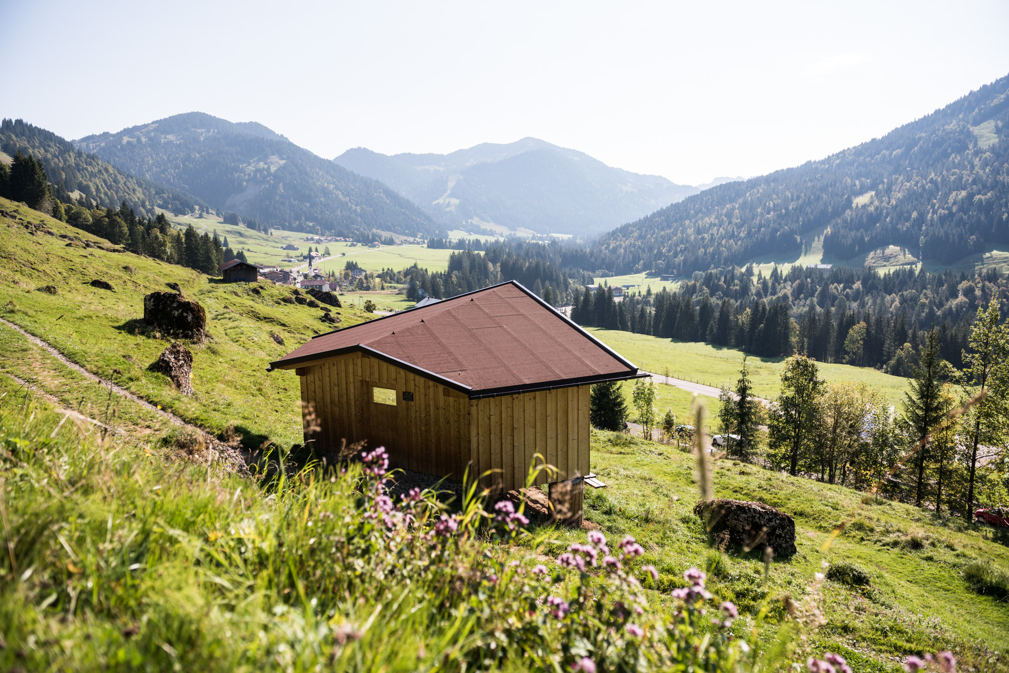 Holzhütte auf grüner Wiese am Wanderweg "sich Zit long" in Balderschwang in den Hörnerdörfern im Allgäu. Berge und Wald im Hintergrund.