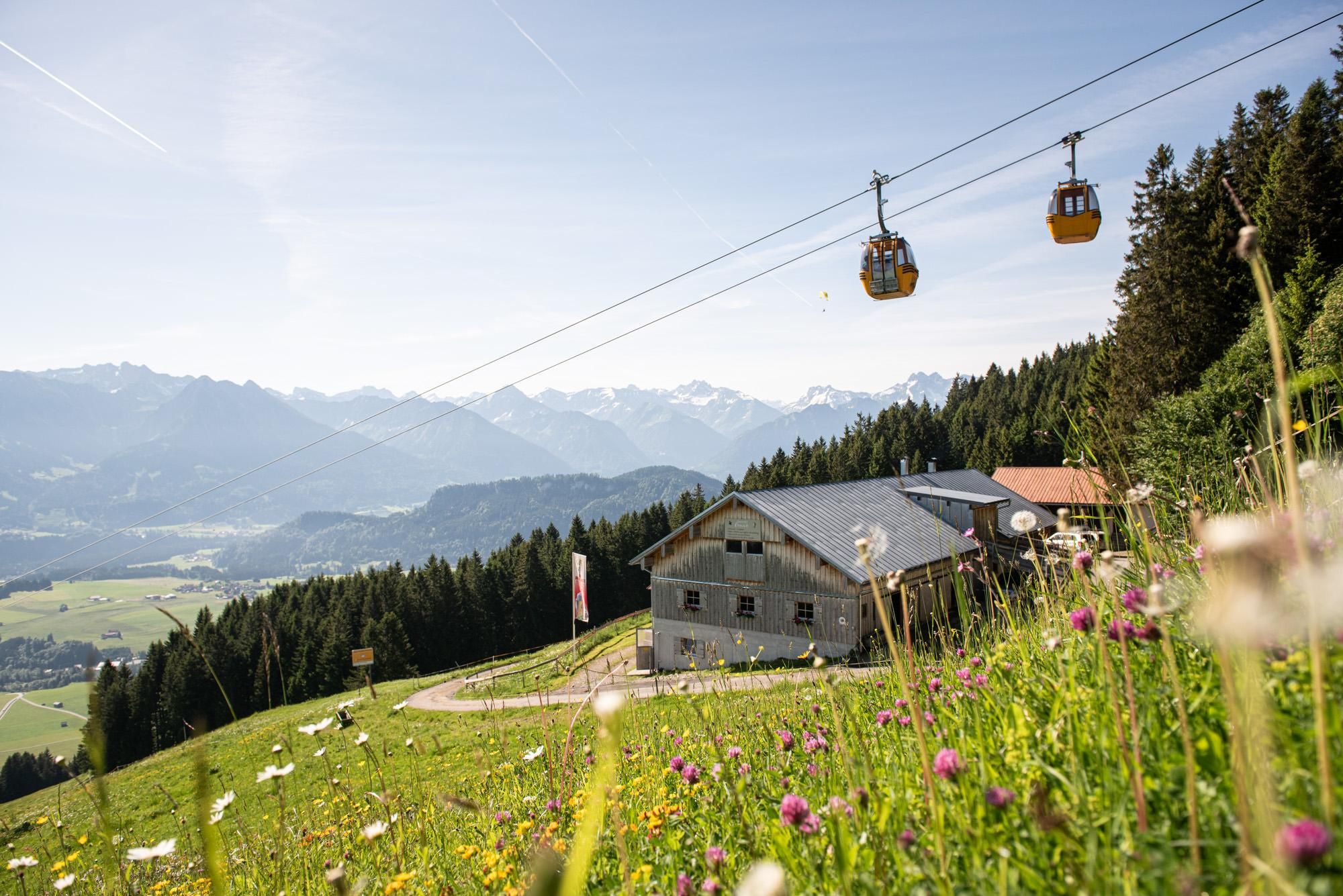Eine malerische Landschaft mit einer Seilbahn, die über die Berge führt. Im Vordergrund sind bunte Blumen und eine gemütliche Alphütte zu sehen.