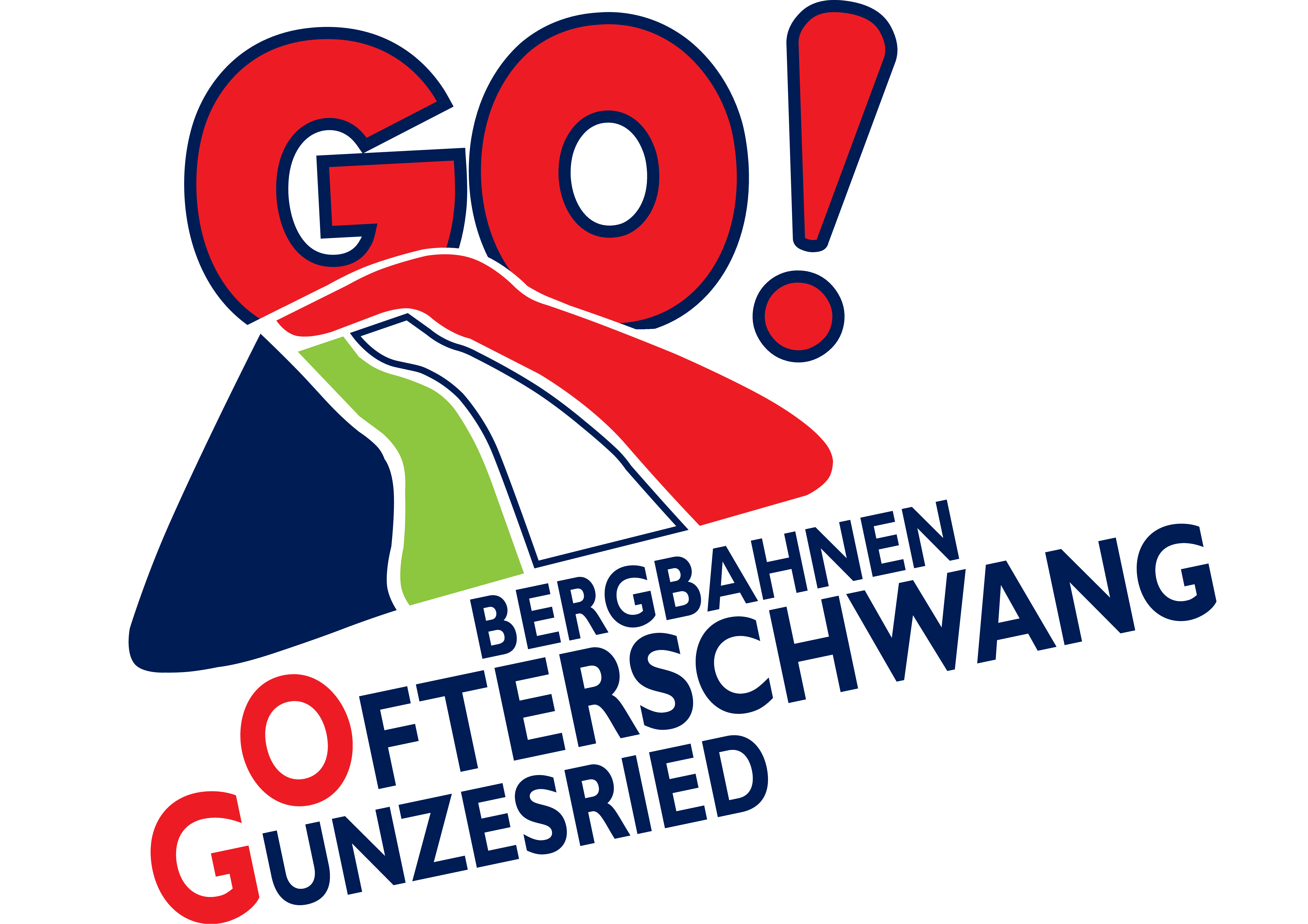 Logo der Bergbahnen Ofterschwang Gunzesried. Das Wort "GO!" in großen, roten Buchstaben mit einem roten Ausrufezeichen.