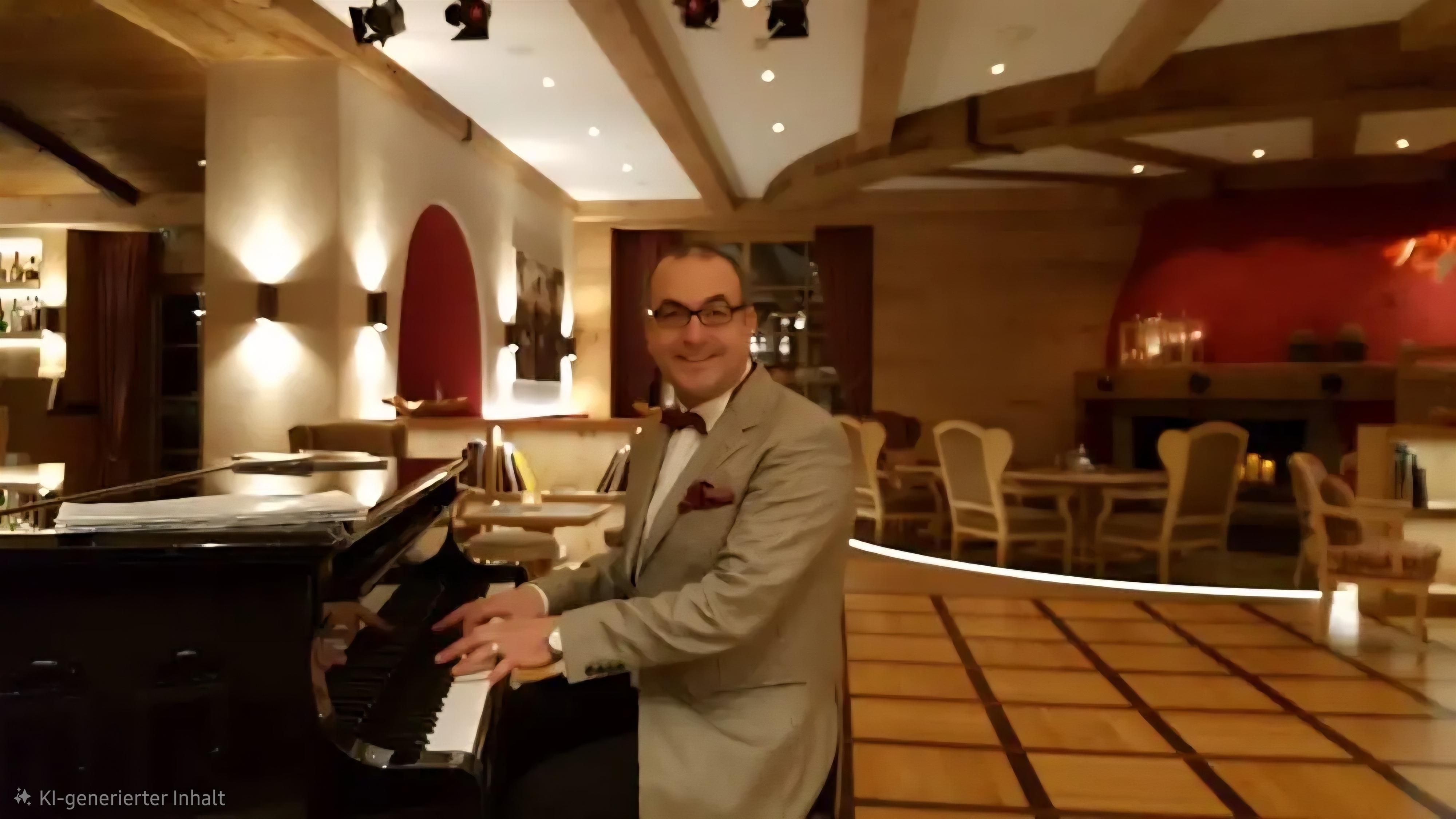 Der Komponist und Pianist Georgy Georgiew am Piano sitzend in feinem hellgrauem Anzug mit schwarzer Fliege vor aufgestuhltem Konzertsaal.