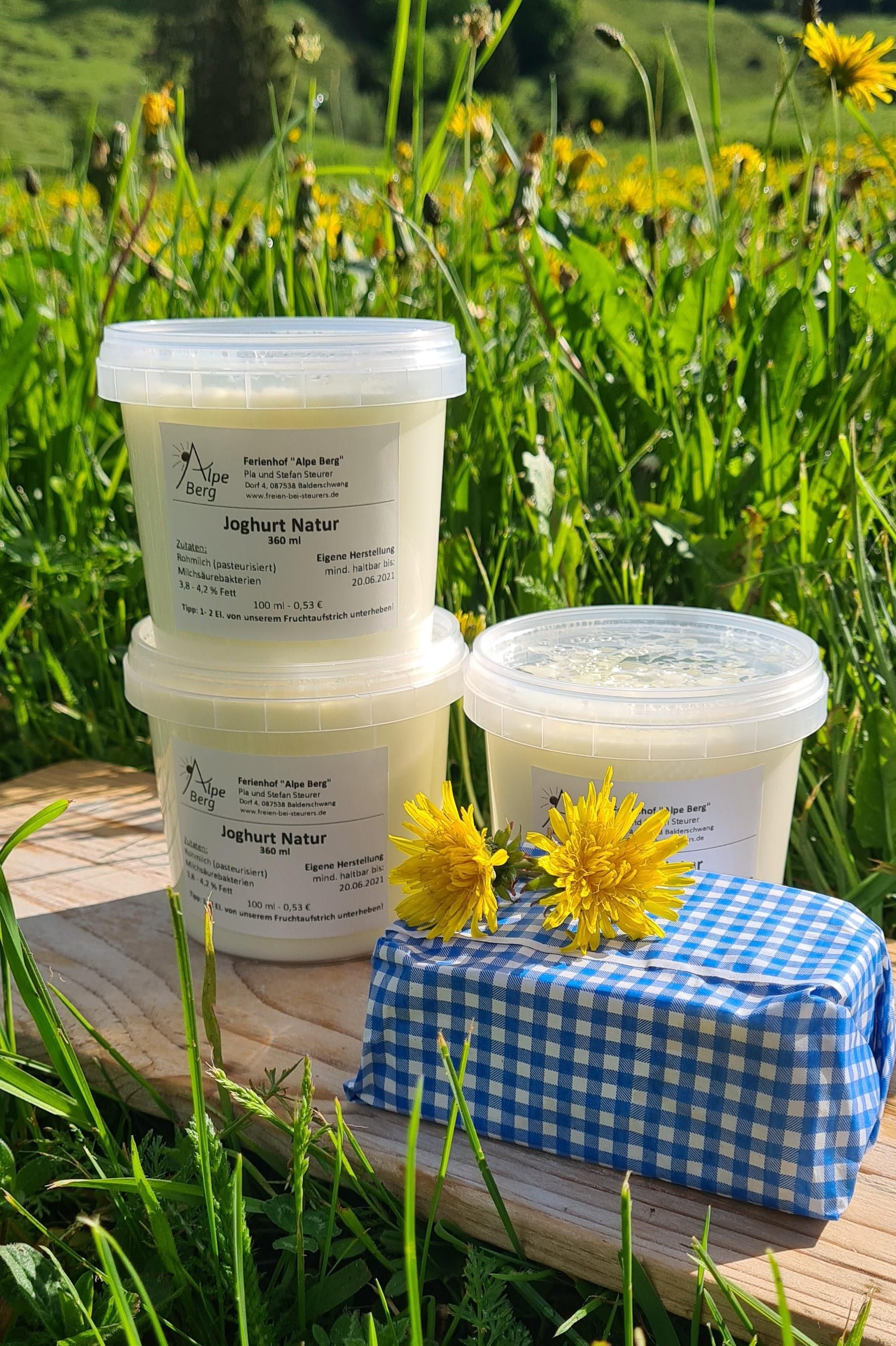 Joghurt Natur vom Ferienhof Alpe Berg, Balderschwang, präsentiert auf Holzbrett mit Blumen und Wiese im Hintergrund.