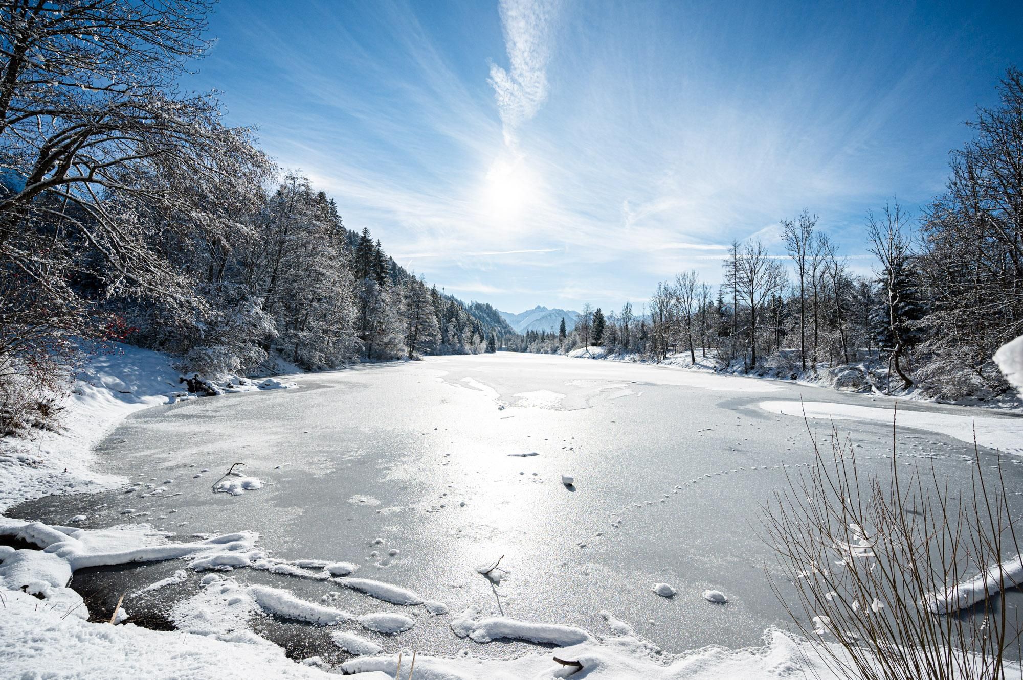 Der Auwaldsee im Winter, zugefroren, Blick Richtung Süden.