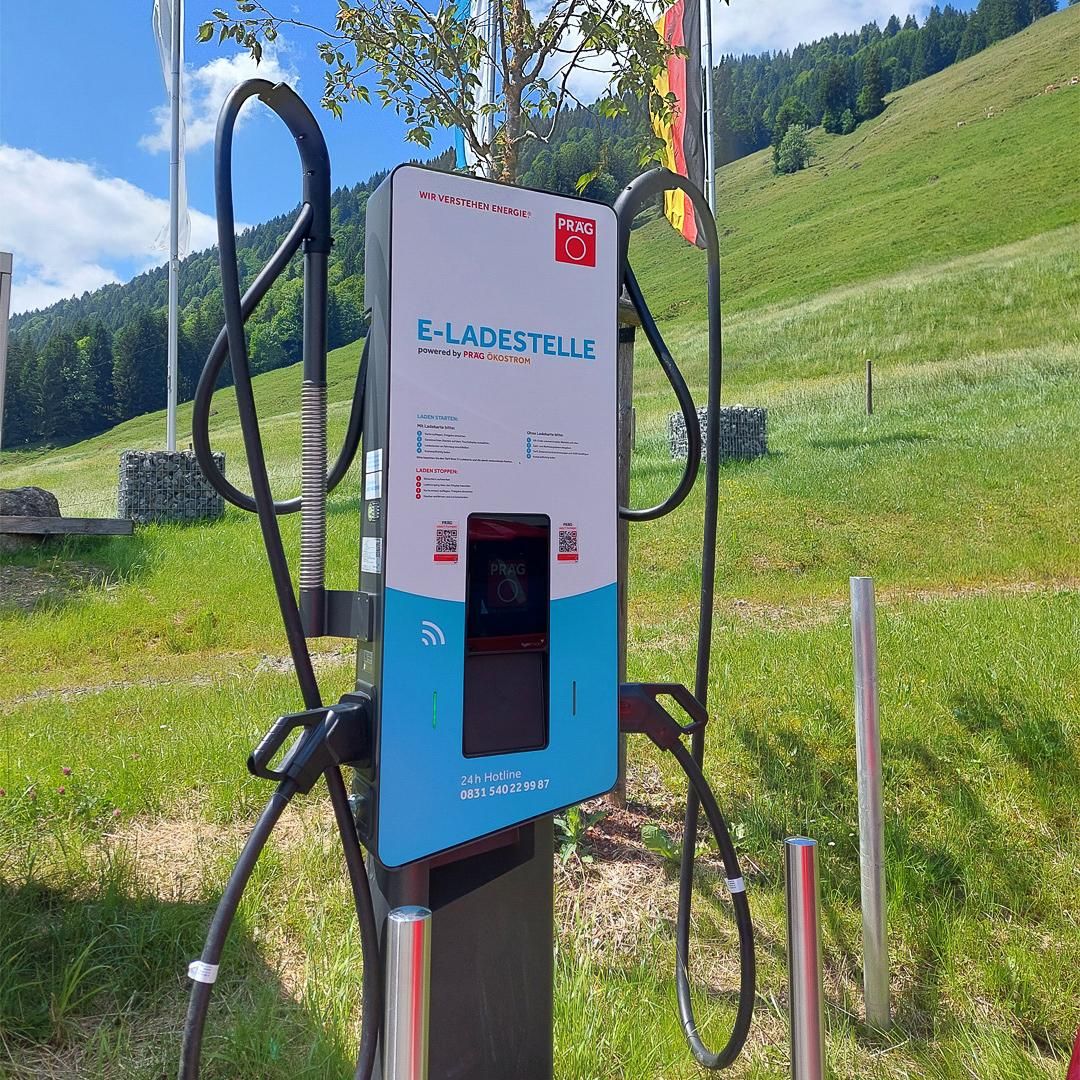 Eine moderne E-Ladestelle mit zwei Ladepunkten vor einer grünen Wiese und bewaldeten Hügeln unter einem hellen Himmel.