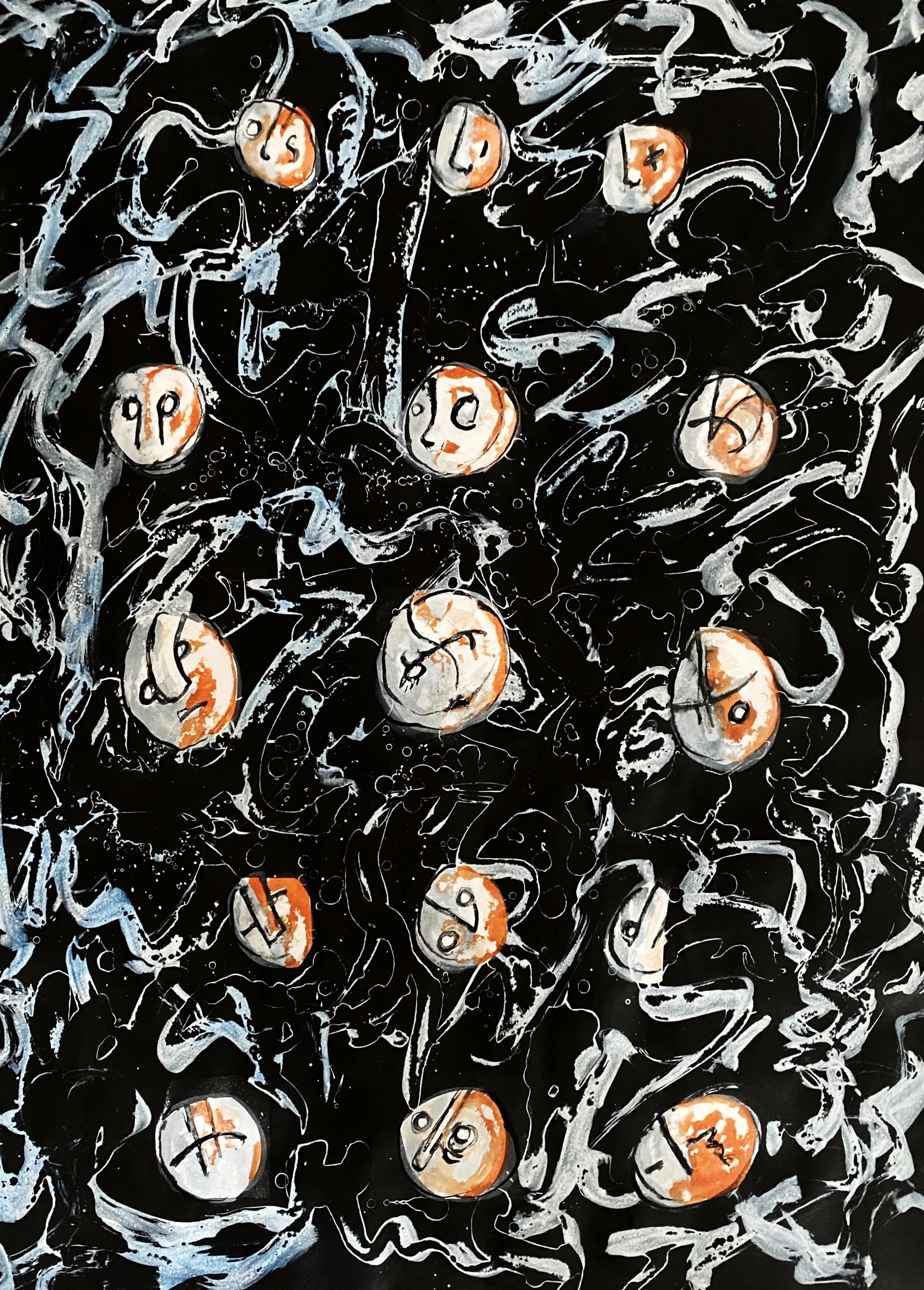 Ein abstraktes Kunstwerk mit weißen und schwarzen Farbverläufen. Es zeigt orangefarbene Punkte mit schwarzen Zahlen darauf, die im Bild verteilt sind.