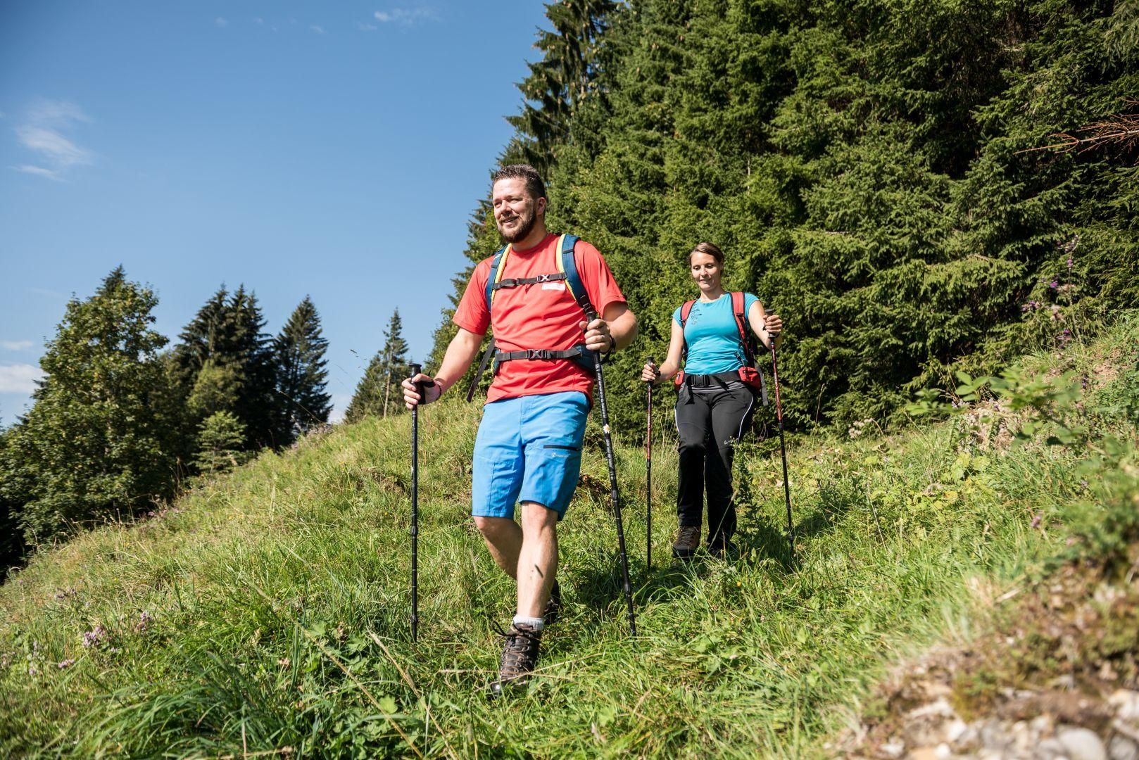 Ein Mann und eine Frau mit Rucksäcken und Stöcken wandern einen Grashang hinab, dahinter Bäume.