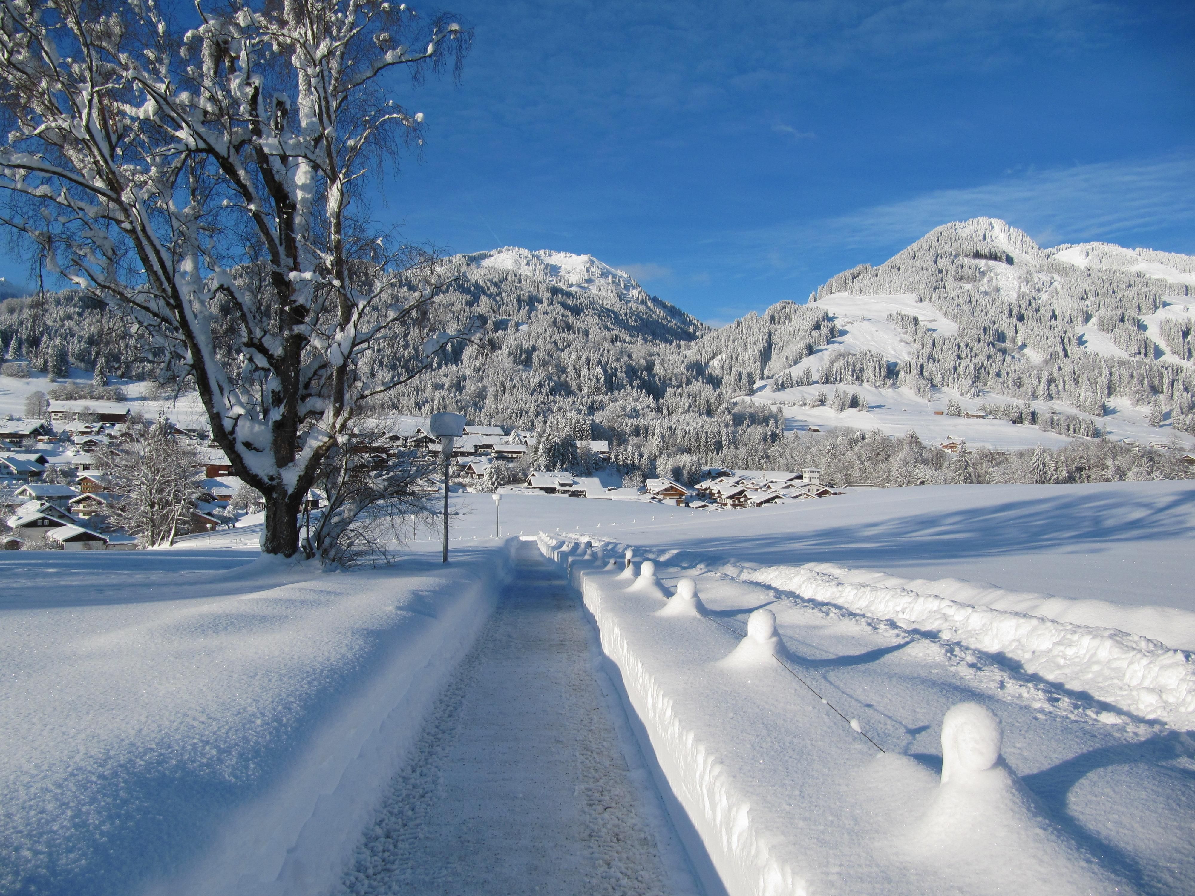Ein breiter, geräumter Winterwanderweg führt durch eine tief verschneite Landschaft auf schneebedeckte Berge zu.