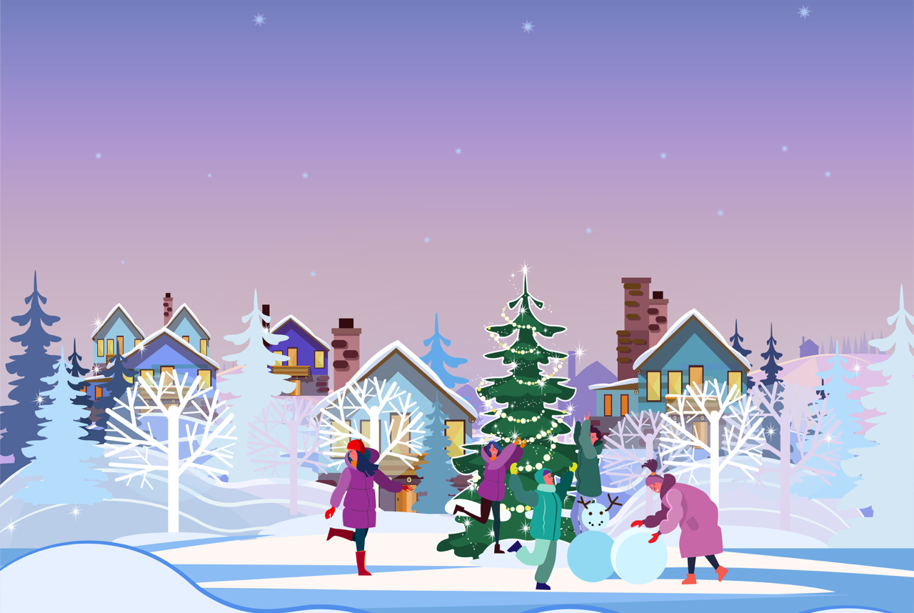 Die Zeichnung eines Winterdorfes, mit großem Christbaum, 4 Personen, Schneemann, und Häusern im Hintergrund.