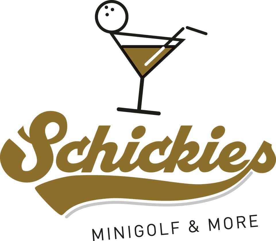 Logo von "Schickies" in geschwungener, brauner Schrift, darunter "MINIGOLF & MORE" in kleineren, hellbraunen Buchstaben.