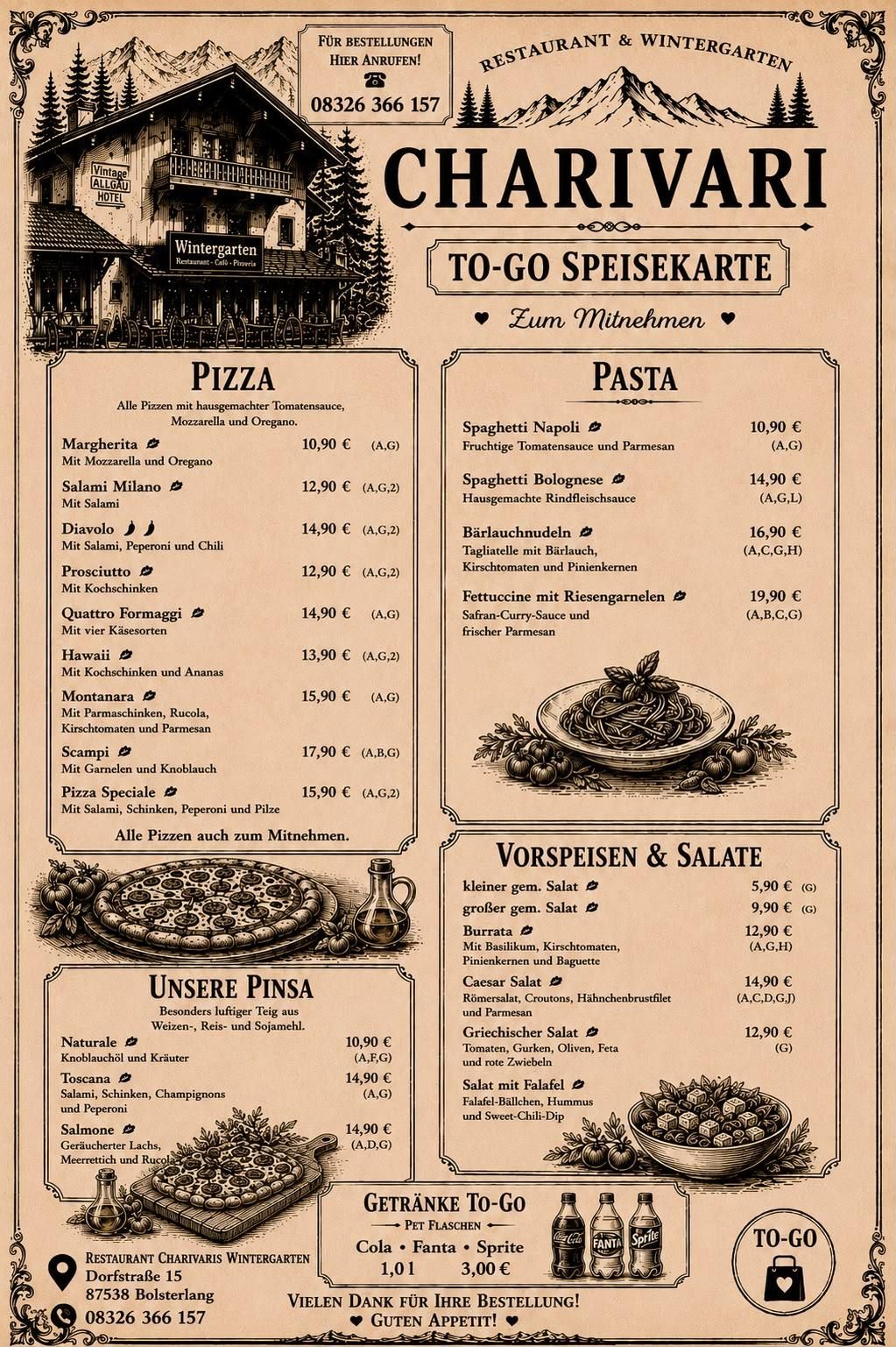 Unsere To Go Speisekarte, für alle Gäste die einen gemütlichen Abend zu Hause verbringen wollen