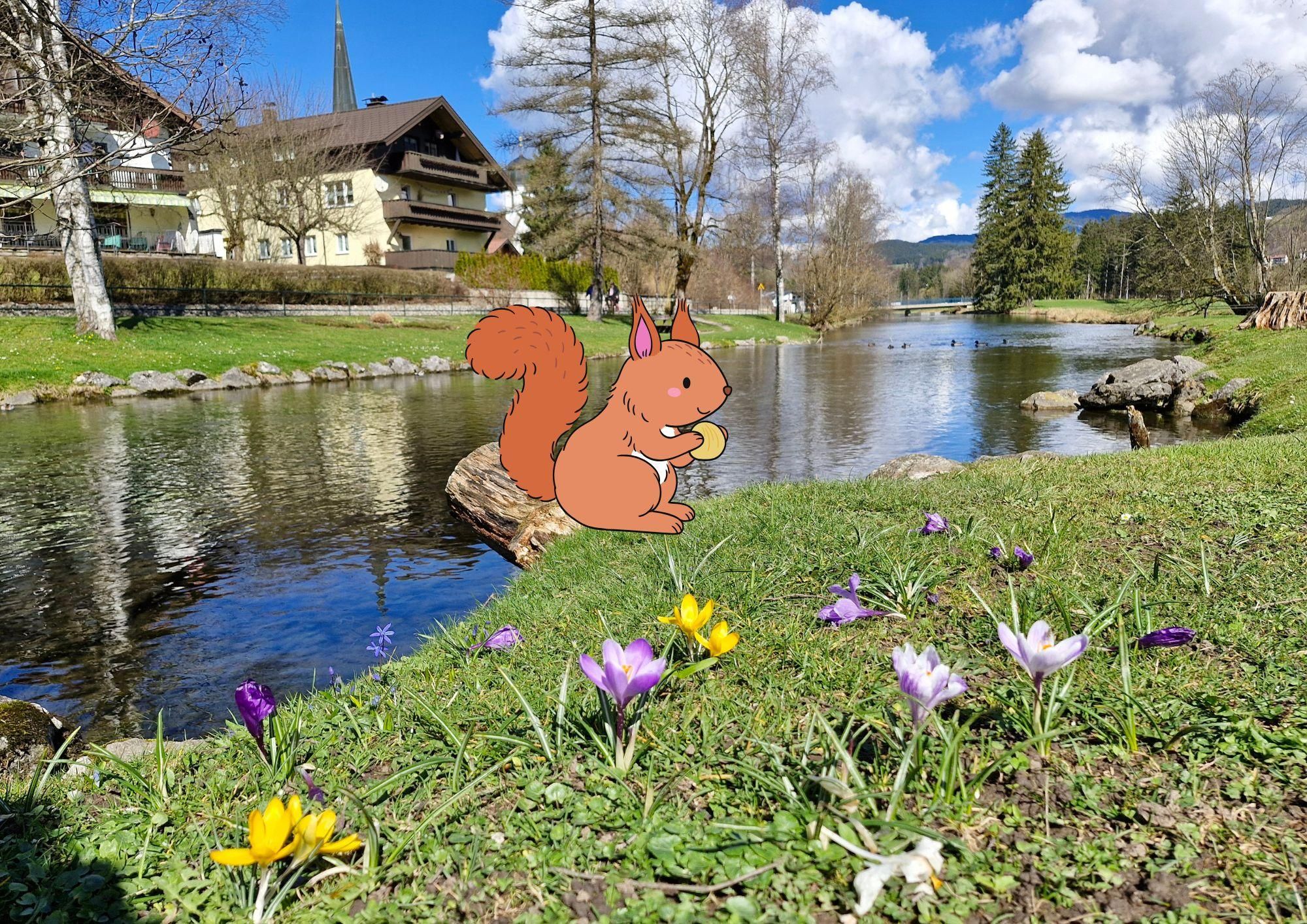 Eine Zeichnung von Eichhörnchen Ella und Engel Emil im Winter