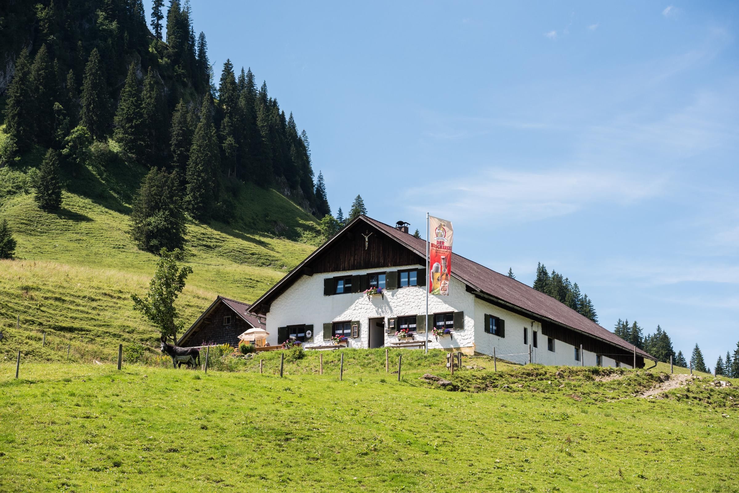 Weißes Haus mit dunklem Dach und Fensterläden, Blumenkästen an den Fenstern, Fahne weht, umgeben von grüner Wiese und Bäumen unter blauem Himmel.