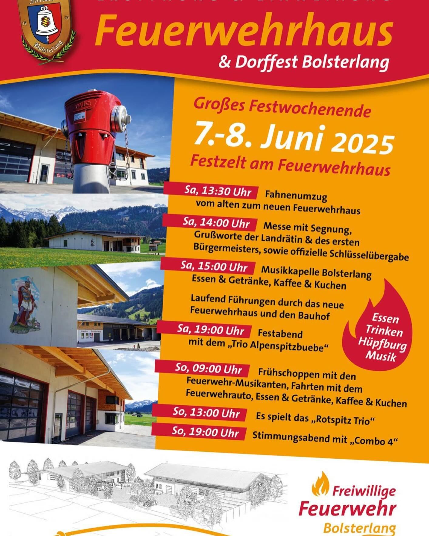 Werbeflyer für ein Festwochenende der Freiwilligen Feuerwehr Bolsterlang. Überschrift: "Eröffnung & Einweihung Feuerwehrhaus & Dorffest Bolsterlang". Datum: "7.-8. Juni 2025".