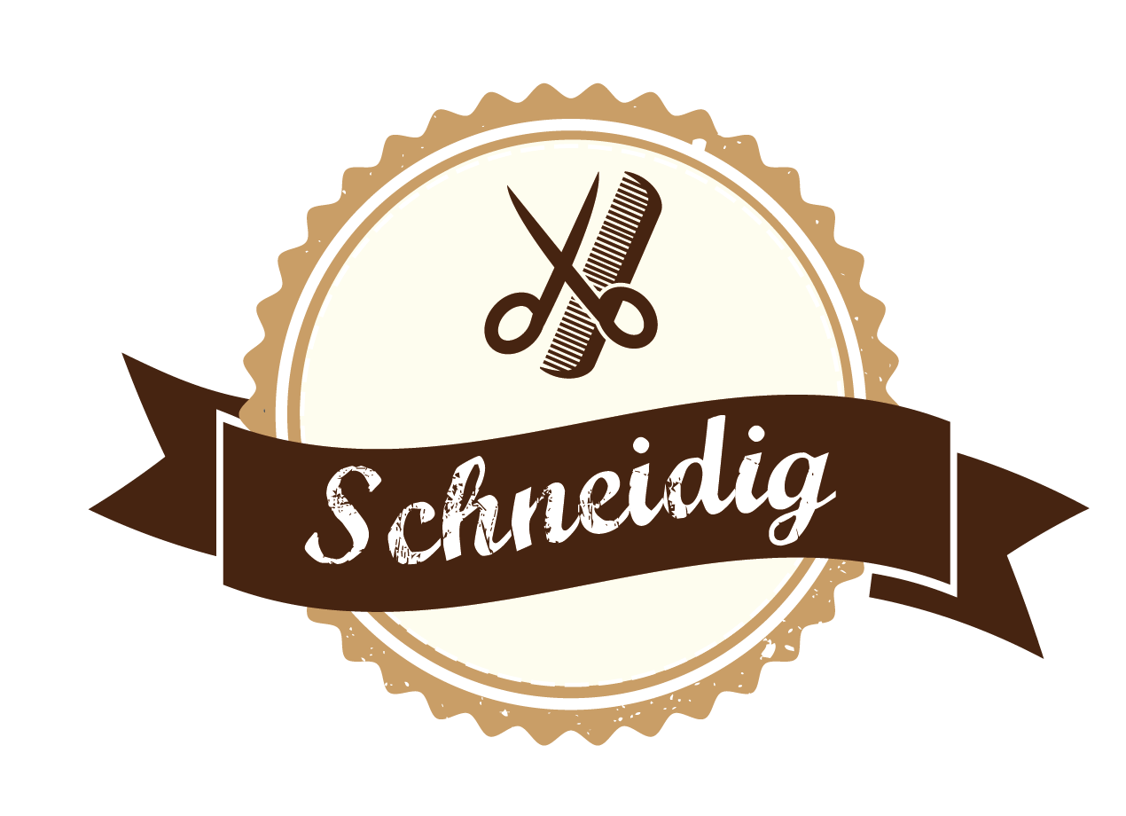 Abgerundetes, beiges Siegel mit gezacktem Rand, darauf eine Schere und ein Kamm, darunter ein braunes Banner mit weißer Schreibschrift "Schneidig".