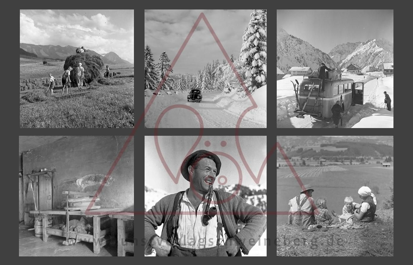 Sechs Schwarz-Weiß-Fotografien zeigen ländliche Szenen und Winterlandschaften. Menschen bei der Heuernte, ein Auto im Schnee, ein Skibus und Innenansichten.