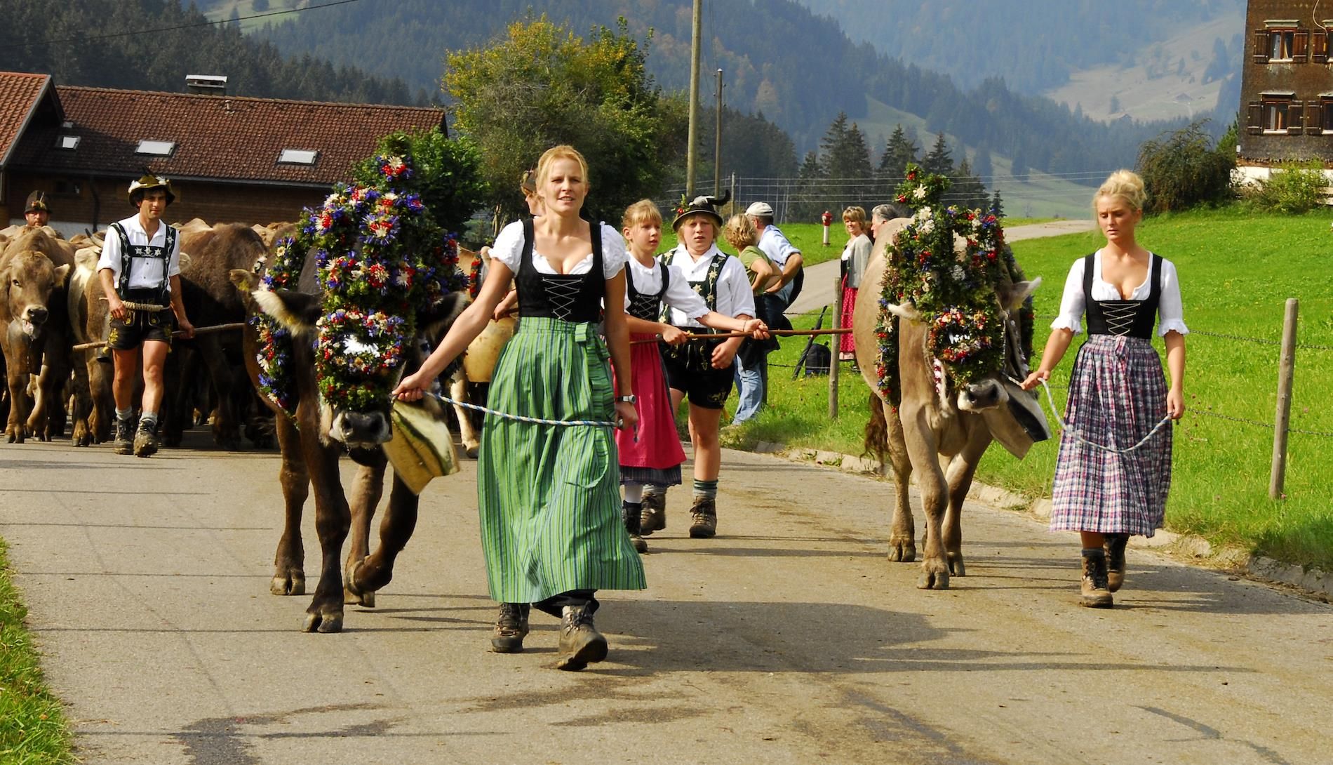 Hirten in Tracht, einige mit Hüten, Rinder tragen Blumenkränze und Kuhglocken beim Abtrieb ins Tal.