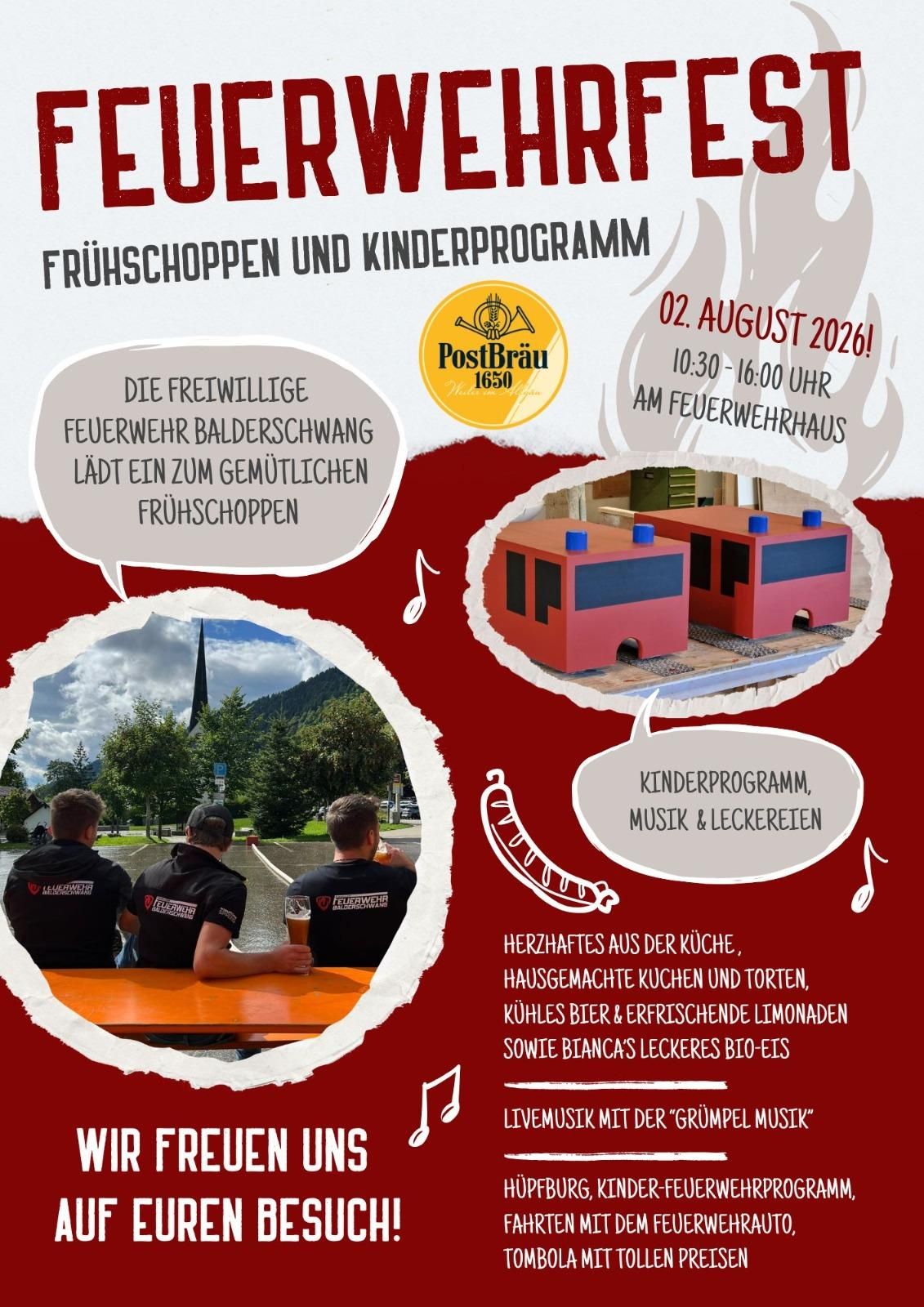 Plakat vom Feuerwehrfest in Balderschwang am 2. August ab 10:30 Uhr.