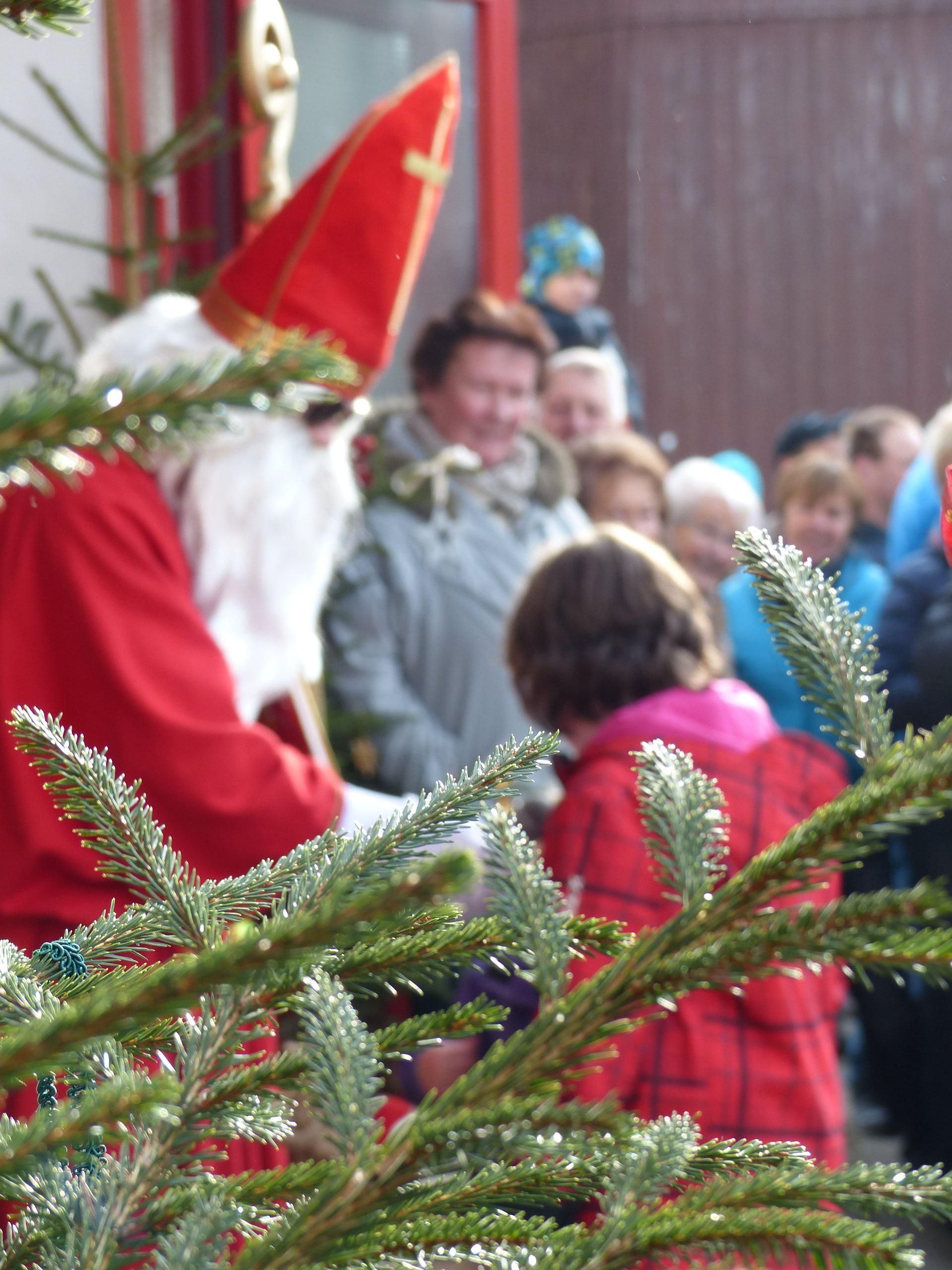 Der Heilige Nikolas wird durch Tannenzweige fotografiert.