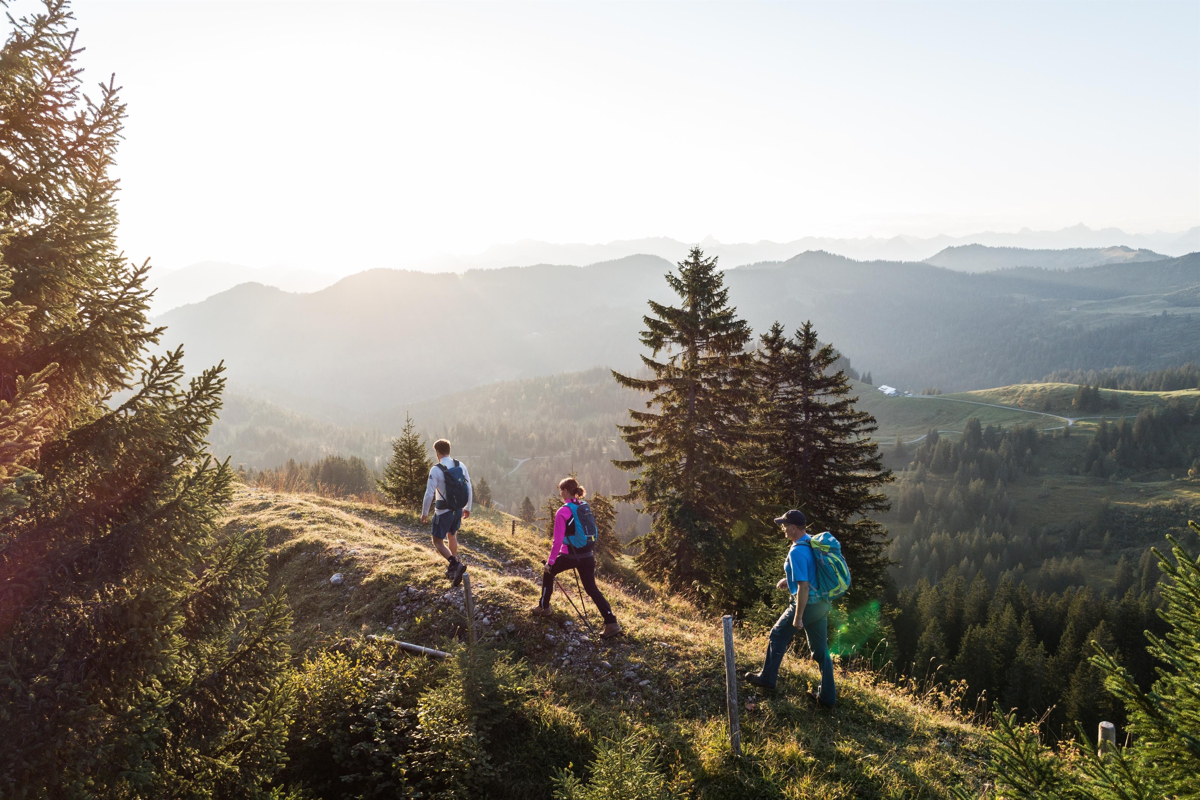 Drei Personen, die bergauf auf einem Grt wandern, während die Sonne gerade untergeht.