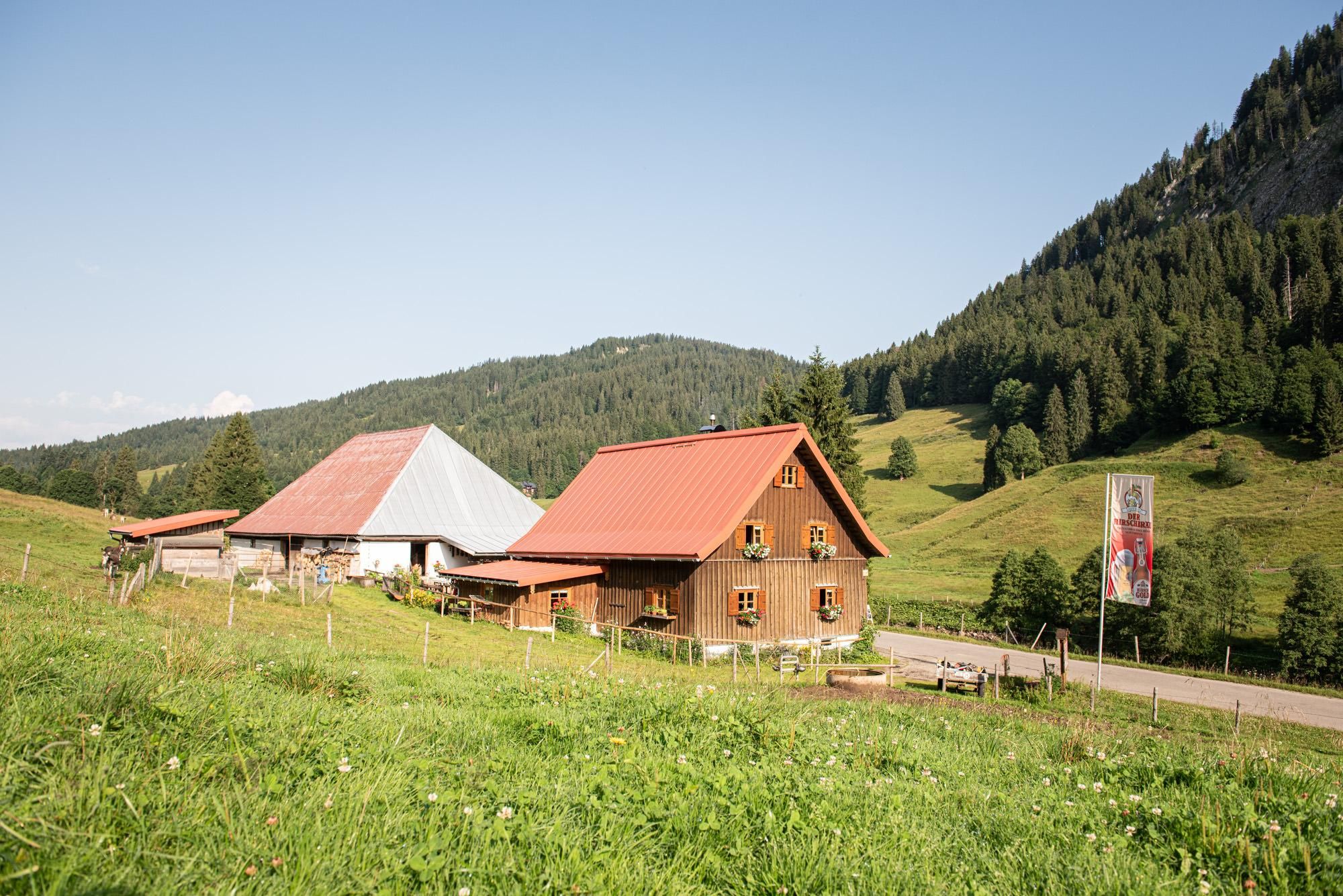 Ein malerisches Bauernhaus mit roten Dächern in einer grünen, hügeligen Landschaft. Umgeben von Wäldern und sanften Bergen.
