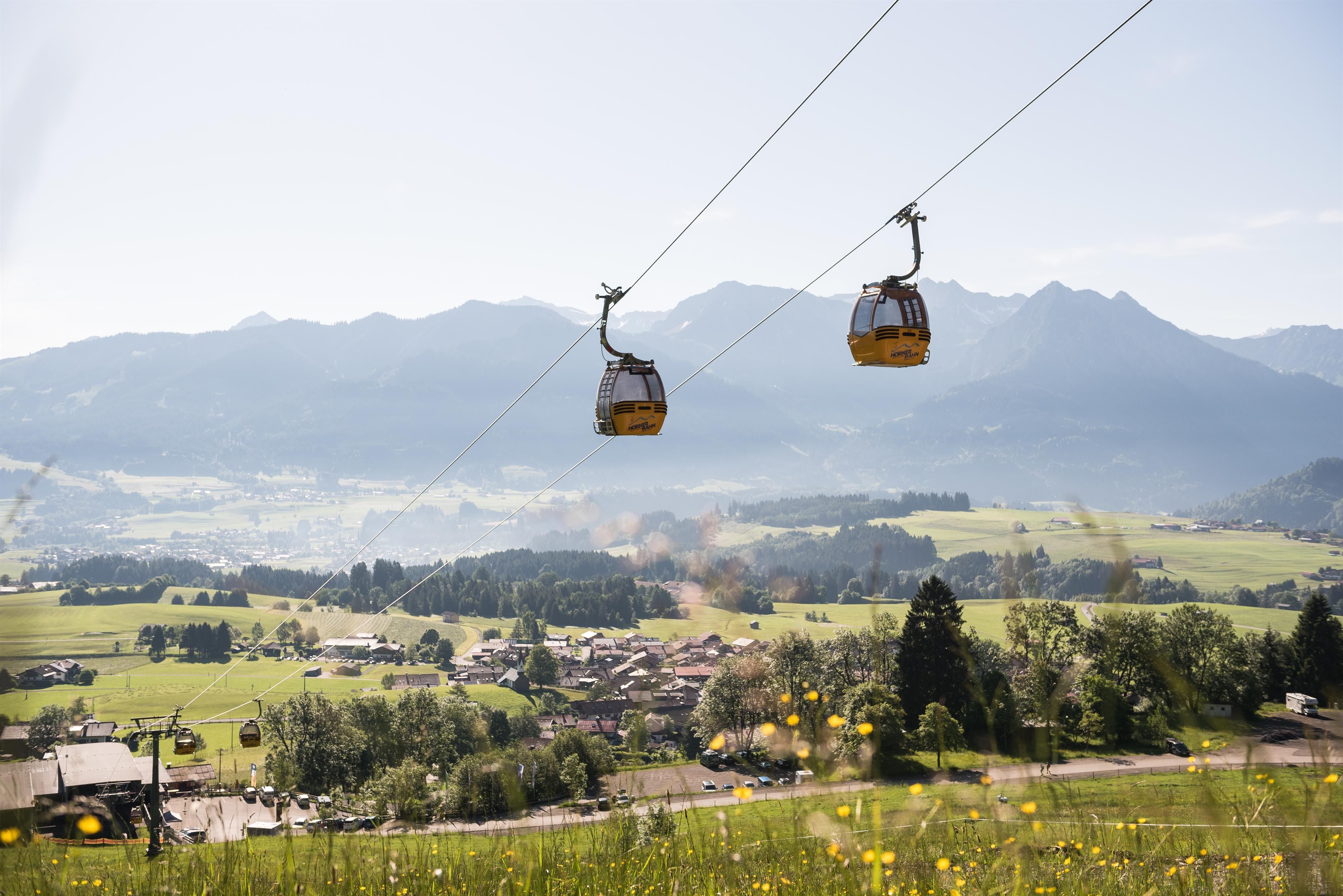 Zwei gelbe Gondeln schweben an Seilen über eine grüne Landschaft mit Häusern und Bäumen. Im Hintergrund sind Berge unter einem hellen Himmel sichtbar. Gräser und gelbe Blüten im Vordergrund.