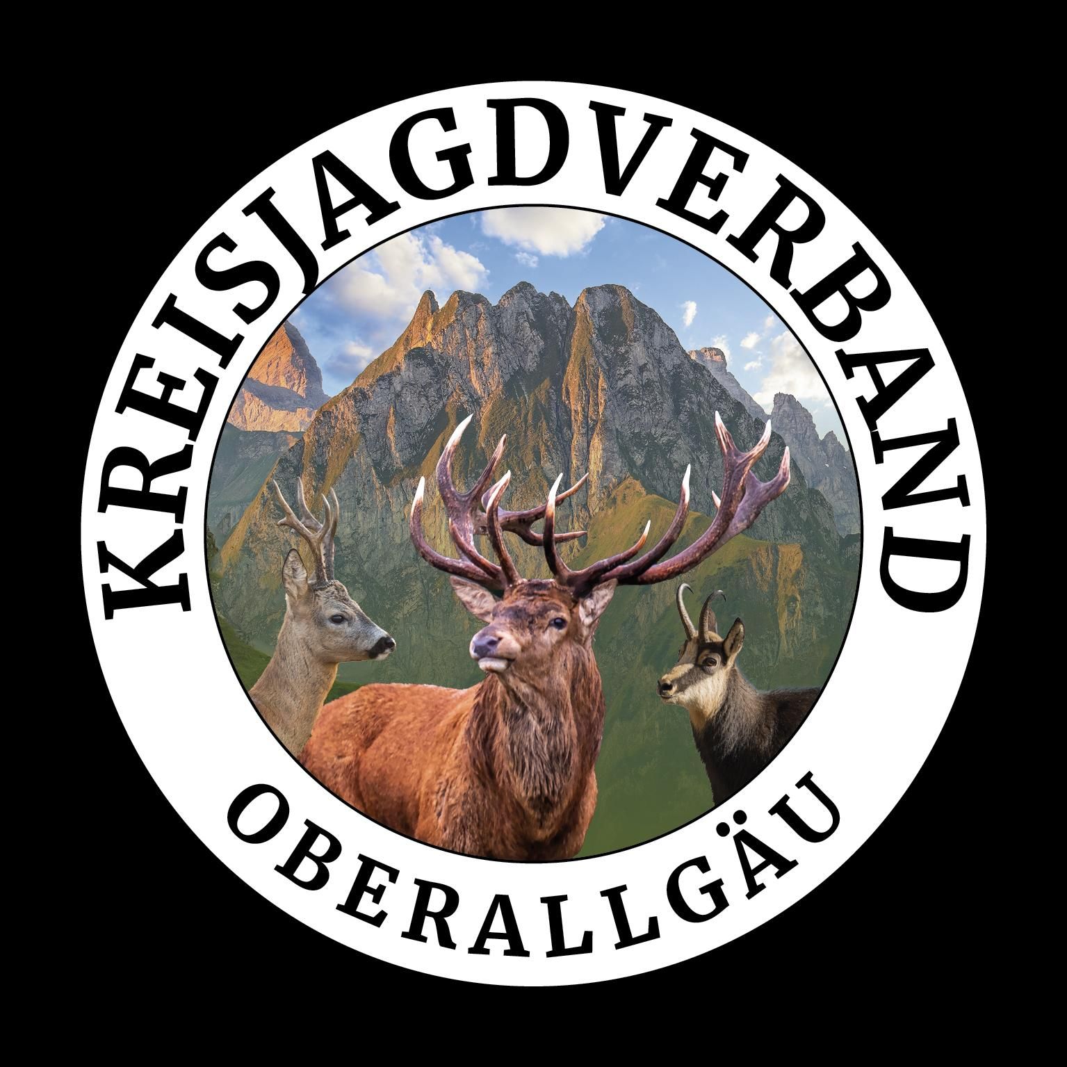 Rundes Logo des Kreisjagdverbandes Oberallgäu. Im Zentrum ein Rothirsch mit großem Geweih, ein Reh und eine Gämse vor einer Bergkulisse.