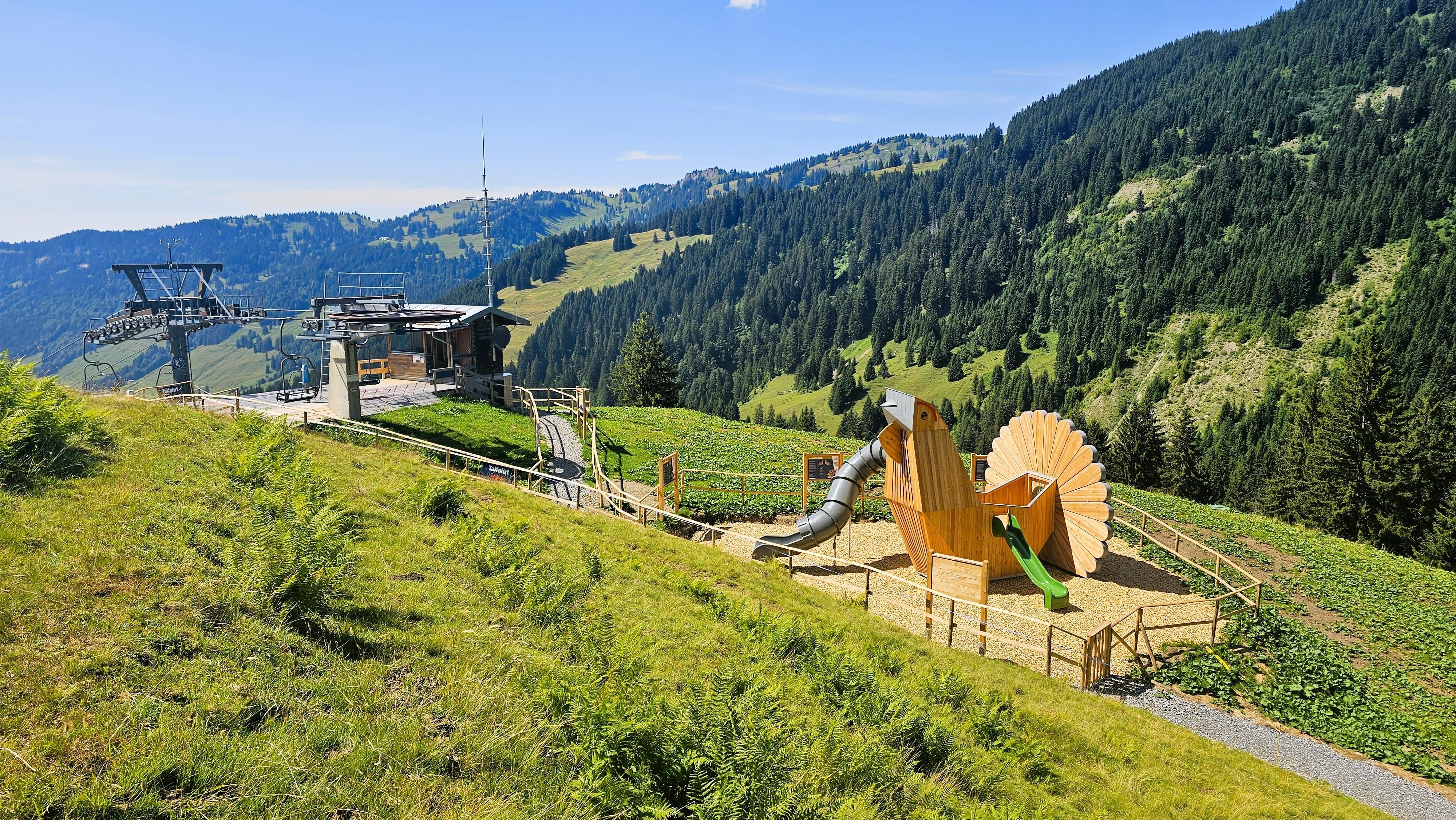Blick auf den Spielpatz von oben. Zu sehen ist das Klettergerüst in Form eines Raufußhuhns.