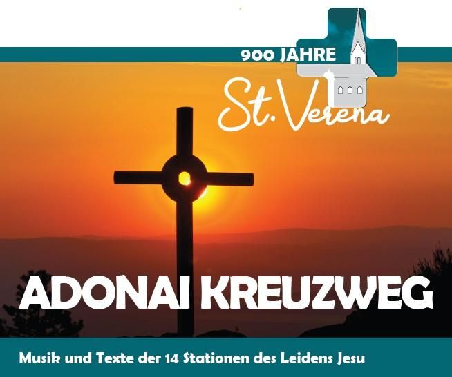<p>Ein Holzkreuz eingebettet mitten in einen rot-gelb gefärbten Himmel dazu das Logo des Festjahres zum Jubiläum der 900jährigen Pfarrkirche St. Verena in Fischen </p>