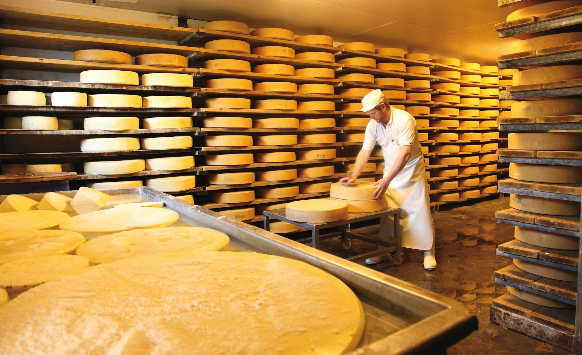 Senn im Käsekeller der Sennerei Hüttenberg mit Käselaiben.