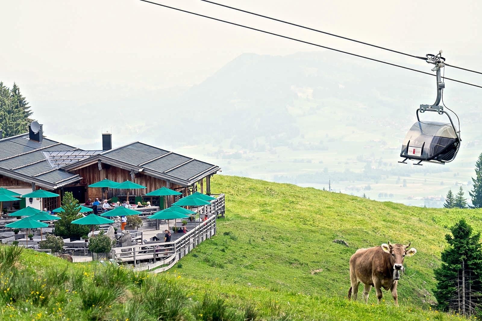 Grüne Berglandschaft am Weltcup-Express Ofterschwang mit einem hölzernen Restaurant mit grünen Sonnenschirmen und Gästen.