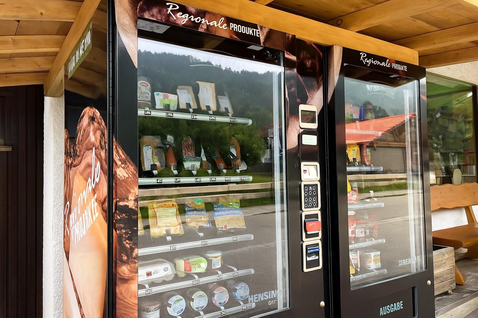 Lebensmittelautomat des Dorfladens Ofterschwang, gefüllt mit regionalen Produkten: Käse, Wurst, Milch in Glaskühlschrank.