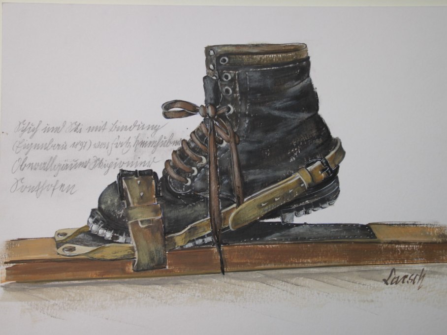 Ski und Schuh von Skipionier Heimhuber – eine kunstvolle Darstellung fürs Skimuseum von Georg Larsch