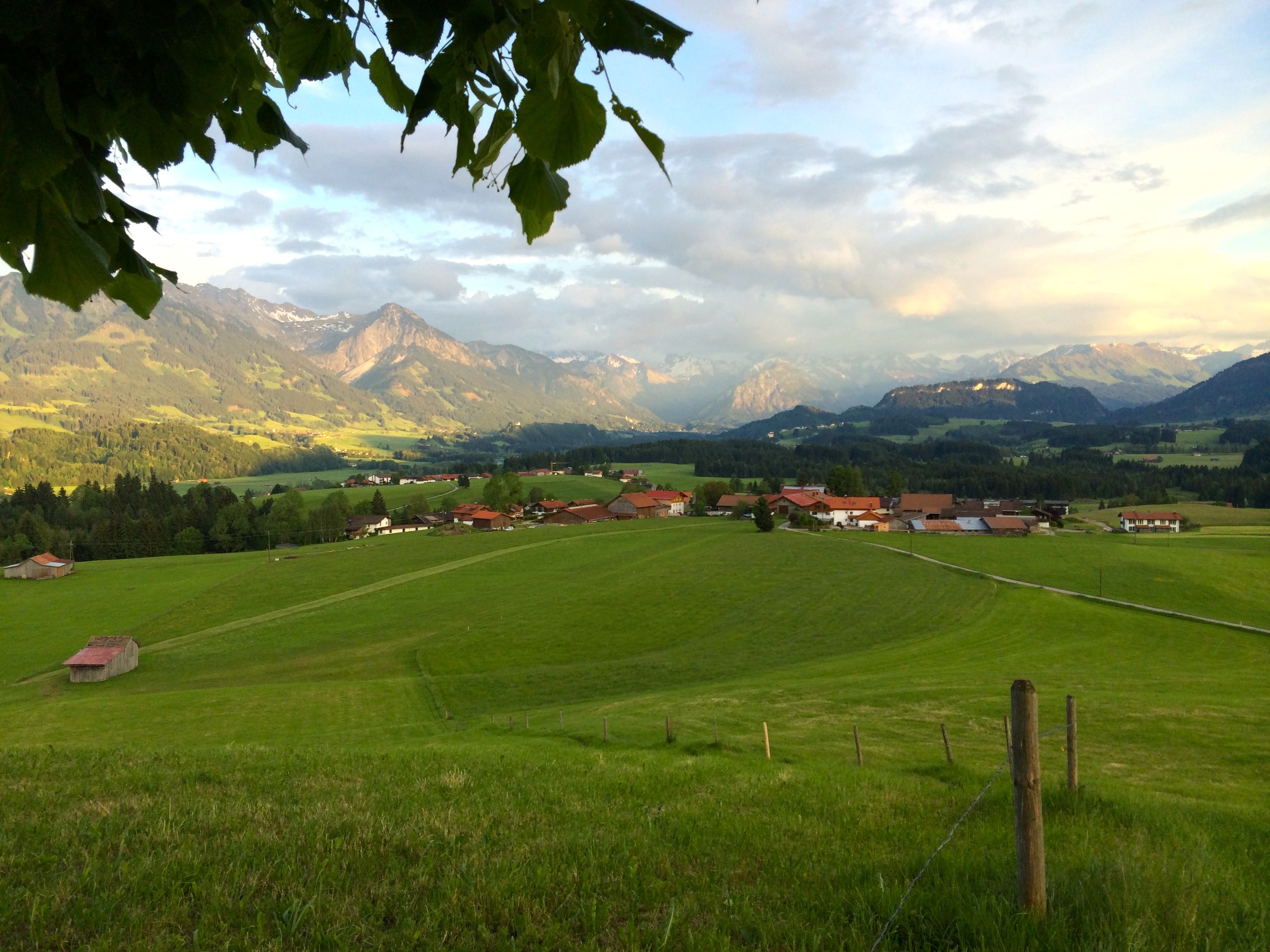Aussicht von der Wittelsbacher Höhe bei Ofetrschwang auf die Allgäuer Alpen im Abendlicht 