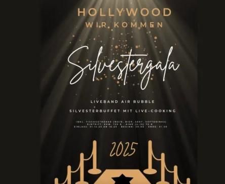 Das Veranstaltungsplakat Für die Silvester-Gala: schwarzer Hintergrund, Schriften in Gold und Weiß.