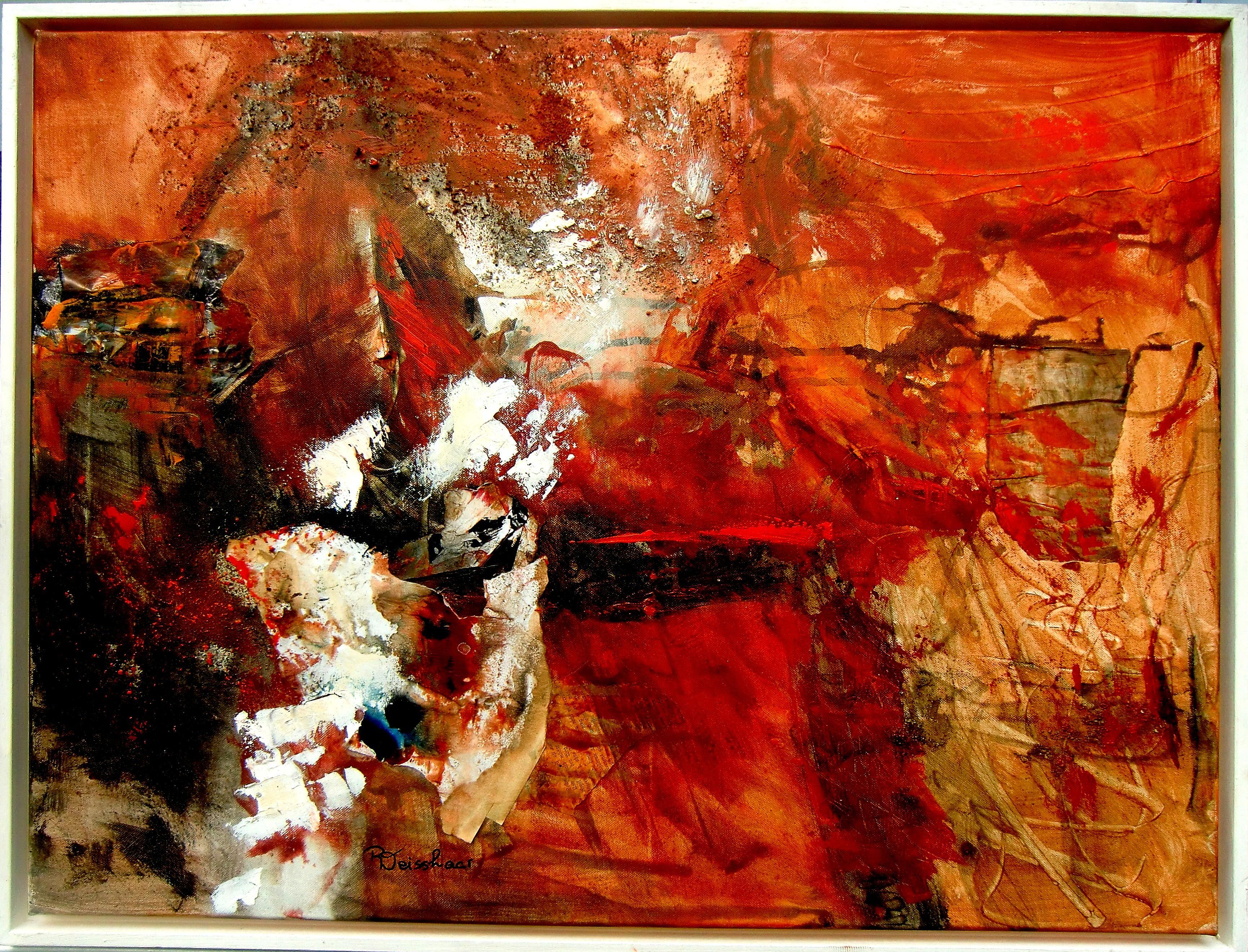 Die Künstlerin Rosemarie Weisshaar zeigt hier das Bild eines roten Potpourri, auf Leinwand gemalt, das in verschiedenen Farbnuancen von ganz dunklem bis zu ganz hellem, pastelligem Rot ineinander verläuft.