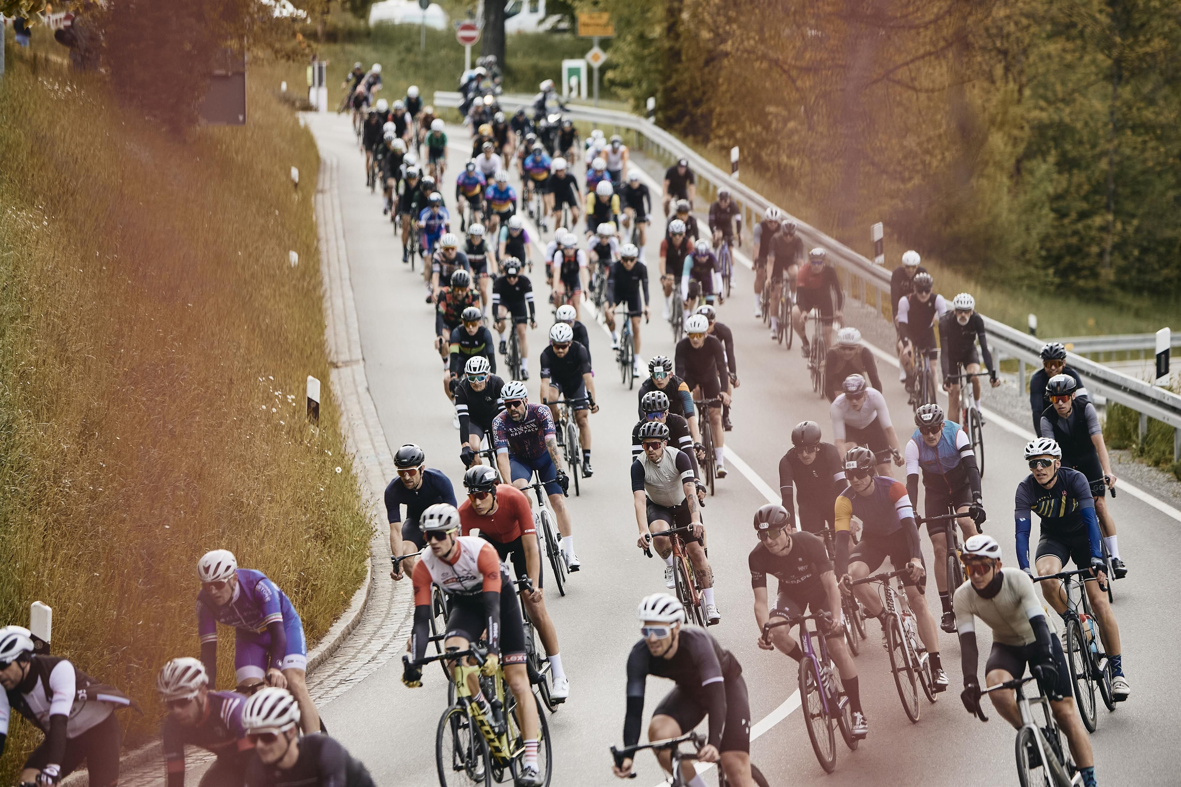 Eine große Gruppe von Radfahrern fährt dicht gedrängt eine asphaltierte Straße bergauf.