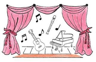 Eine colorierte Zeichnung mit rotem Bühnenvorhang und einer Bühne mit fliegenden Noten und verschiedenen Instrumenten.