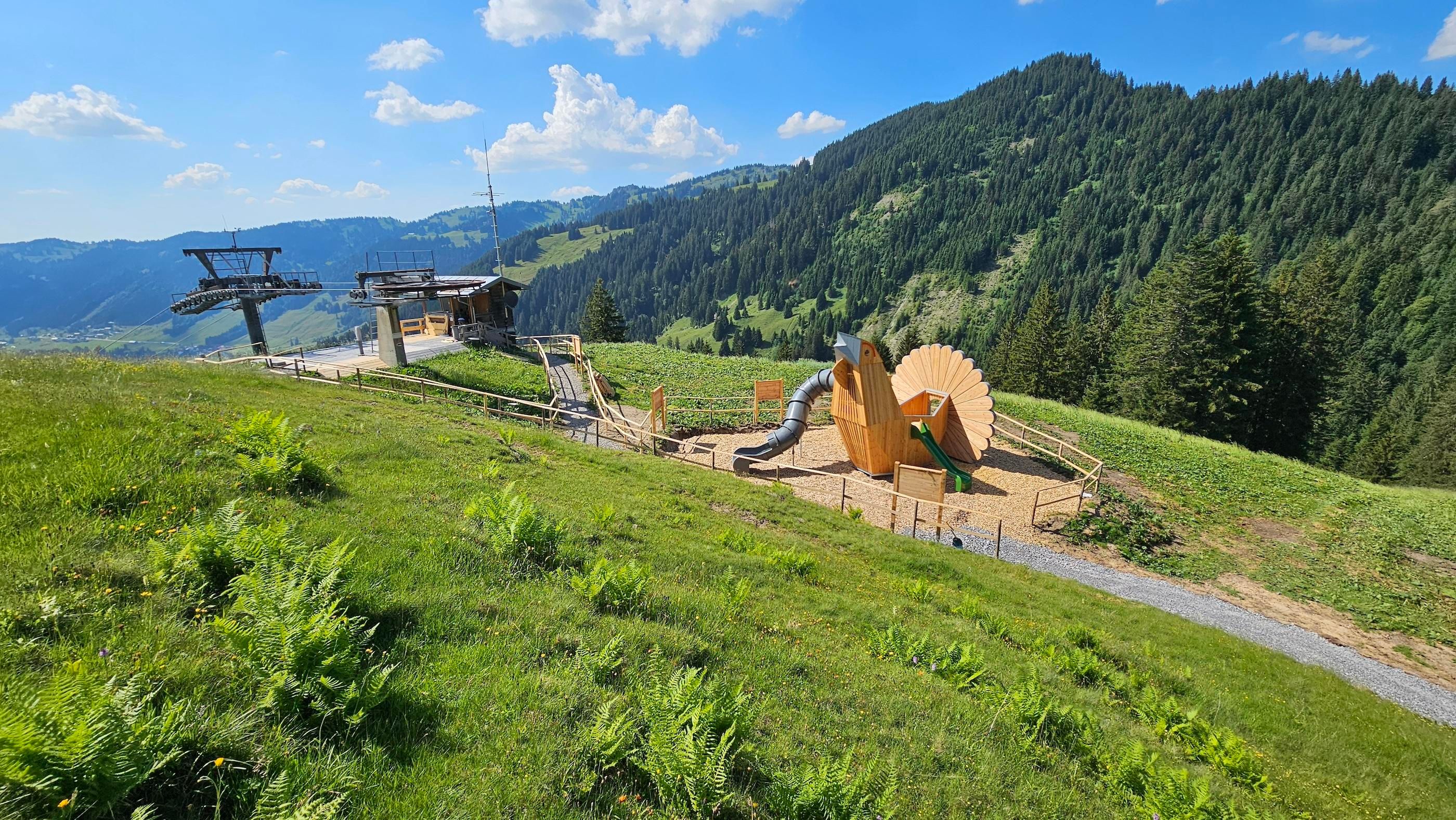 Ein Spielplatz in der Natur mit aufregenden Spielgeräten und grünen Wiesen. Im Hintergrund sind Berge und ein blauer Himmel zu sehen.