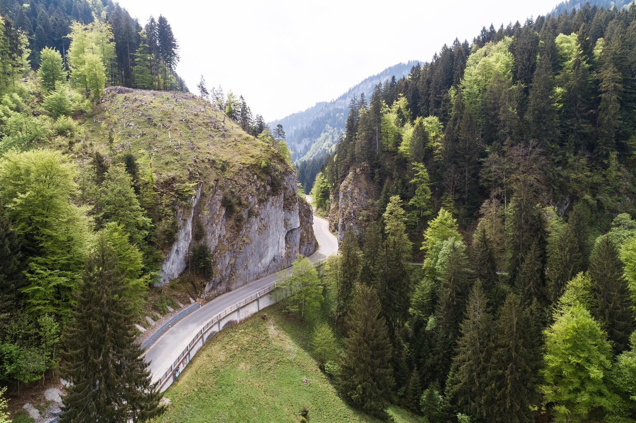 Steiler, bewaldeter Berghang mit einer Felsformation, dem Hirschsprung. Grüne Bäume bedecken die Hänge. Eine Straße schlängelt sich durch die Landschaft.