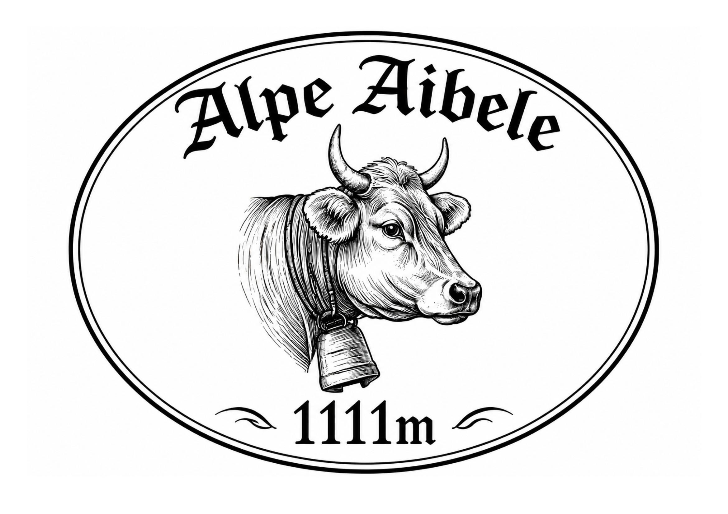 Logo der Alpe Aibele, Illustration einer Kuh mit Schriftzug Alpe Aibele 1111  m.