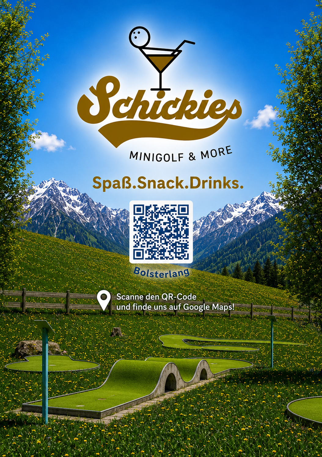 Eine Minigolfanlage in einer grünen Landschaft mit Bergen im Hintergrund. Das Bild bewirbt Freizeitspaß mit Snacks und Getränken.