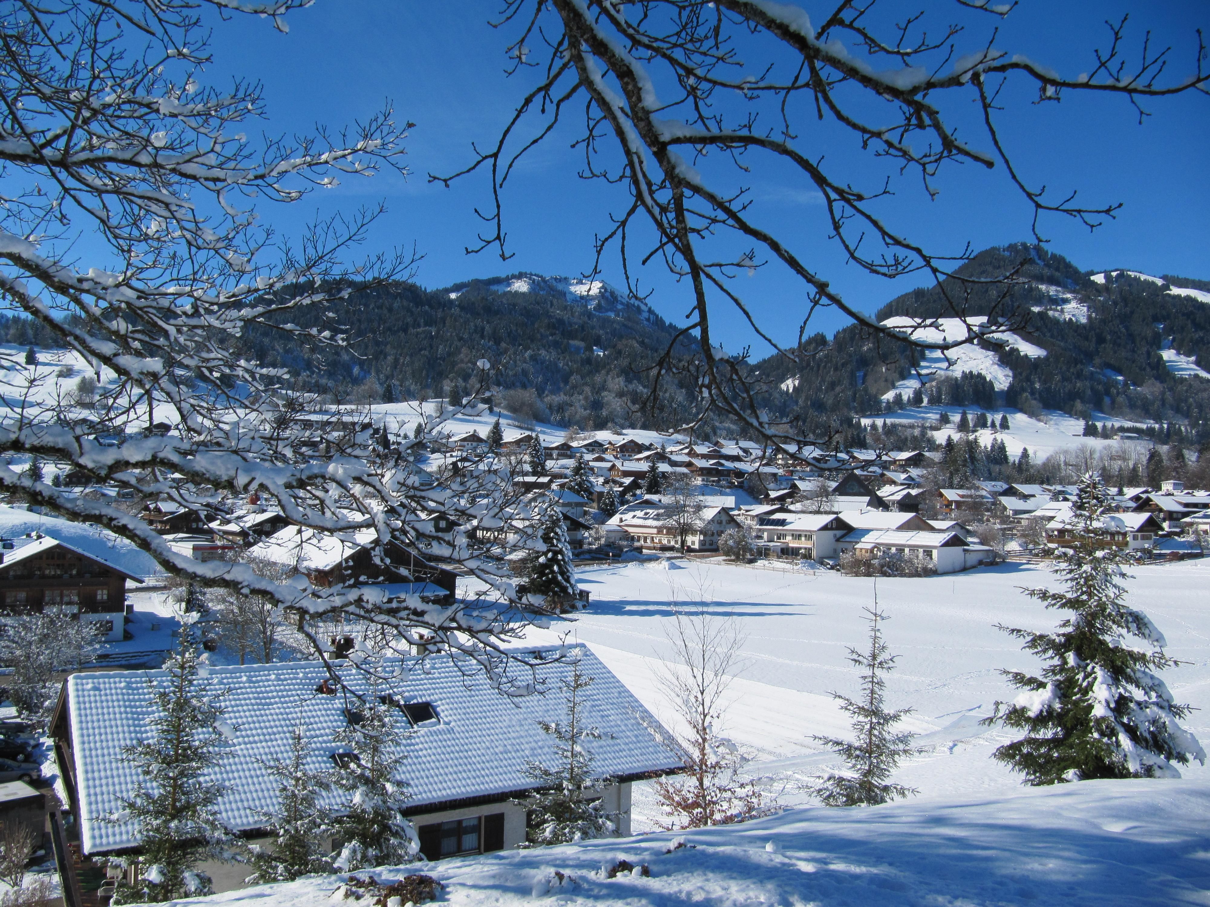 Weite Winterlandschaft mit verschneiten Häusern, Bäumen und Bergen unter blauem Himmel.