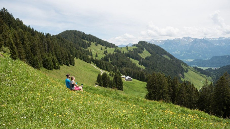 Blick über die Alpe Hinteregg in die Berge, © Tourismus Hörnerdörfer - F. Kjer