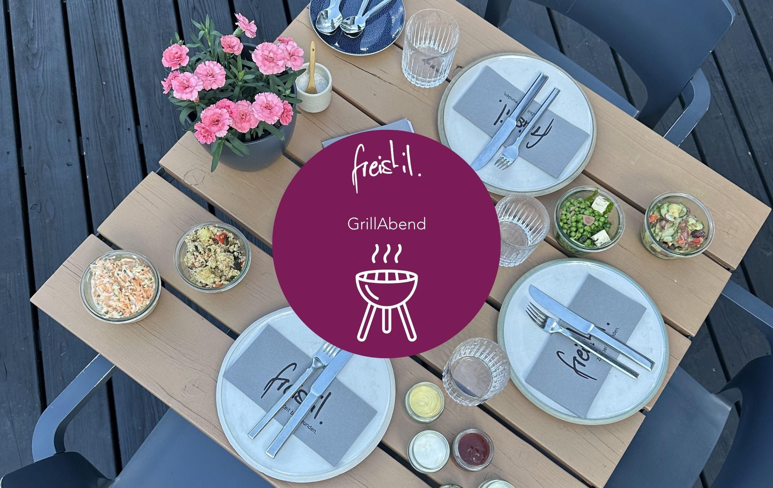 Ein lila Kreis bewirbt „freistil. Grillabend“ mit Daten und Uhrzeit, umgeben von Lavendelblüten.