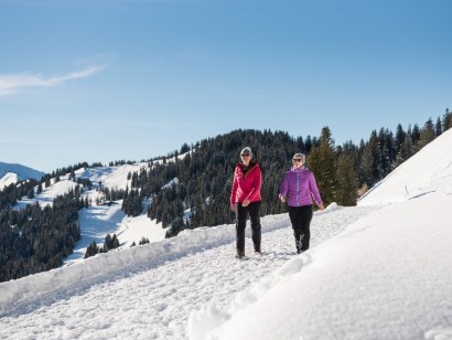 Winterwanderer auf dem Höhenweg zum Berghaus