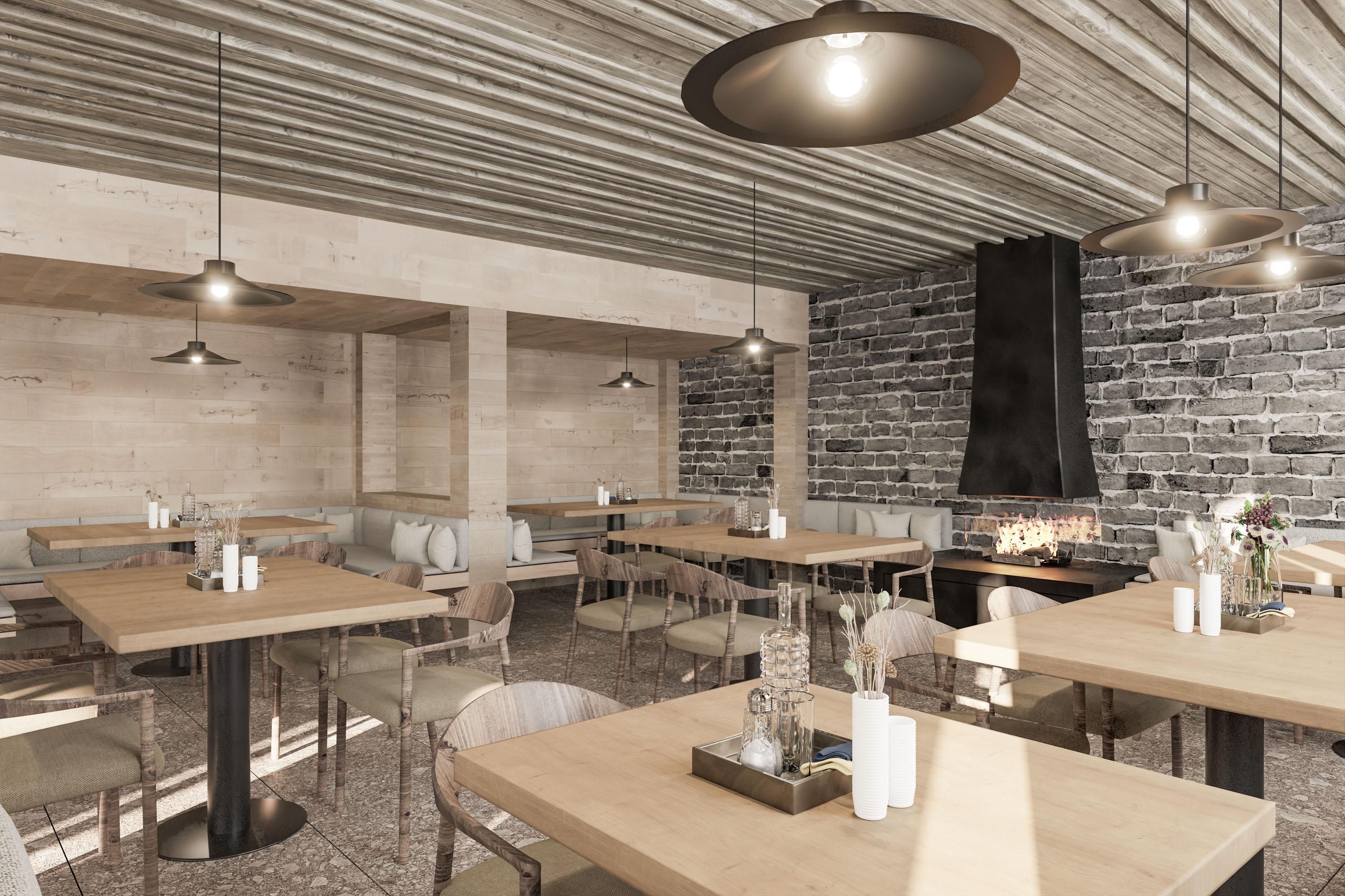 Ein gemütlich eingerichteter Gastraum mit hellen Holztischen und Sitzbänken erstreckt sich vor einer Wand aus grauem Naturstein, in die ein modernes Kaminfeuer eingelassen ist. Dezente Hängelampen und schlichte Dekoration verleihen dem Raum eine warme, einladende Atmosphäre.